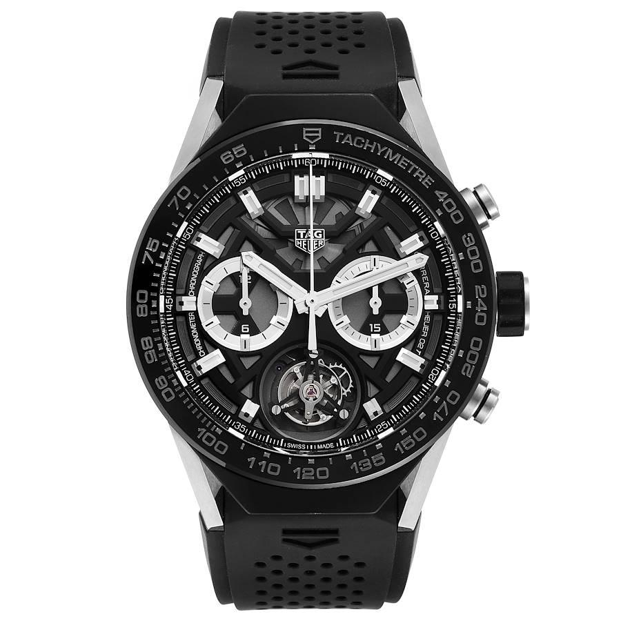 Tag Heuer Carrera Tourbillon Chronograph Titanium Watch ACBF5A80 Box Card. Automatic self-winding chronograph movement. Titanium case 46.0 mm. Exhibition transperent sapphire crystal caseback. Black brushed ceramic bezel with tachymeter scale.