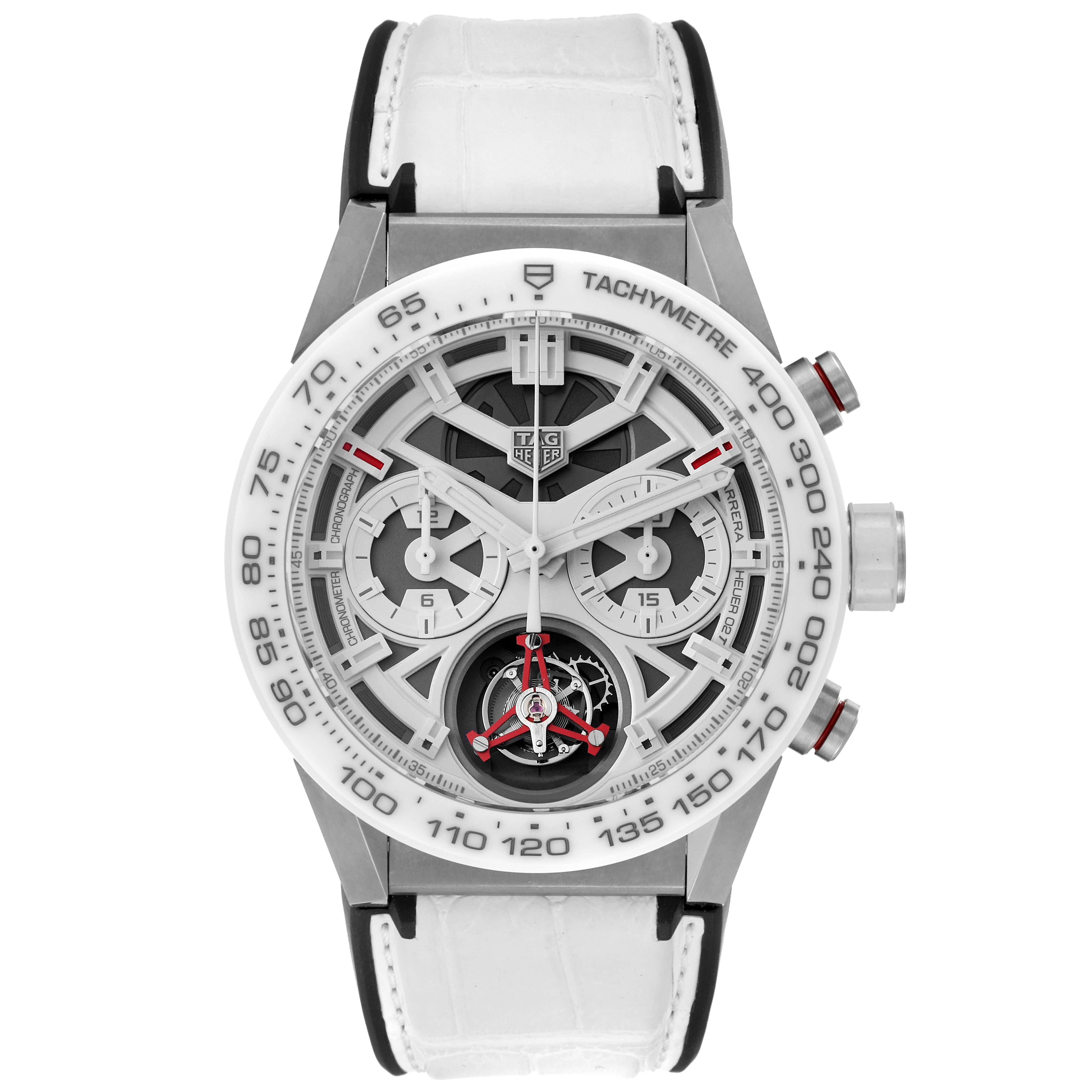 Tag Heuer Carrera Tourbillon Ginza Edition Titanium Mens Watch CAR5A8S Box Card. Automatic self-winding chronograph movement. Titanium case 45.0 mm. White rubberized crown. Exhibition transparent sapphire crystal caseback. White brushed ceramic