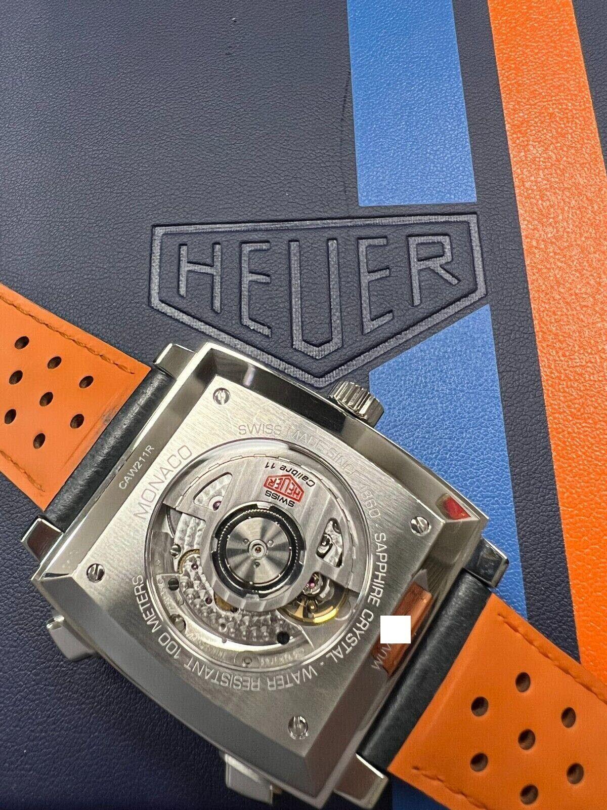Tag Heuer CAW211R Monaco Gulf Blue and Orange Steel Leather Strap Box Paper For Sale 4