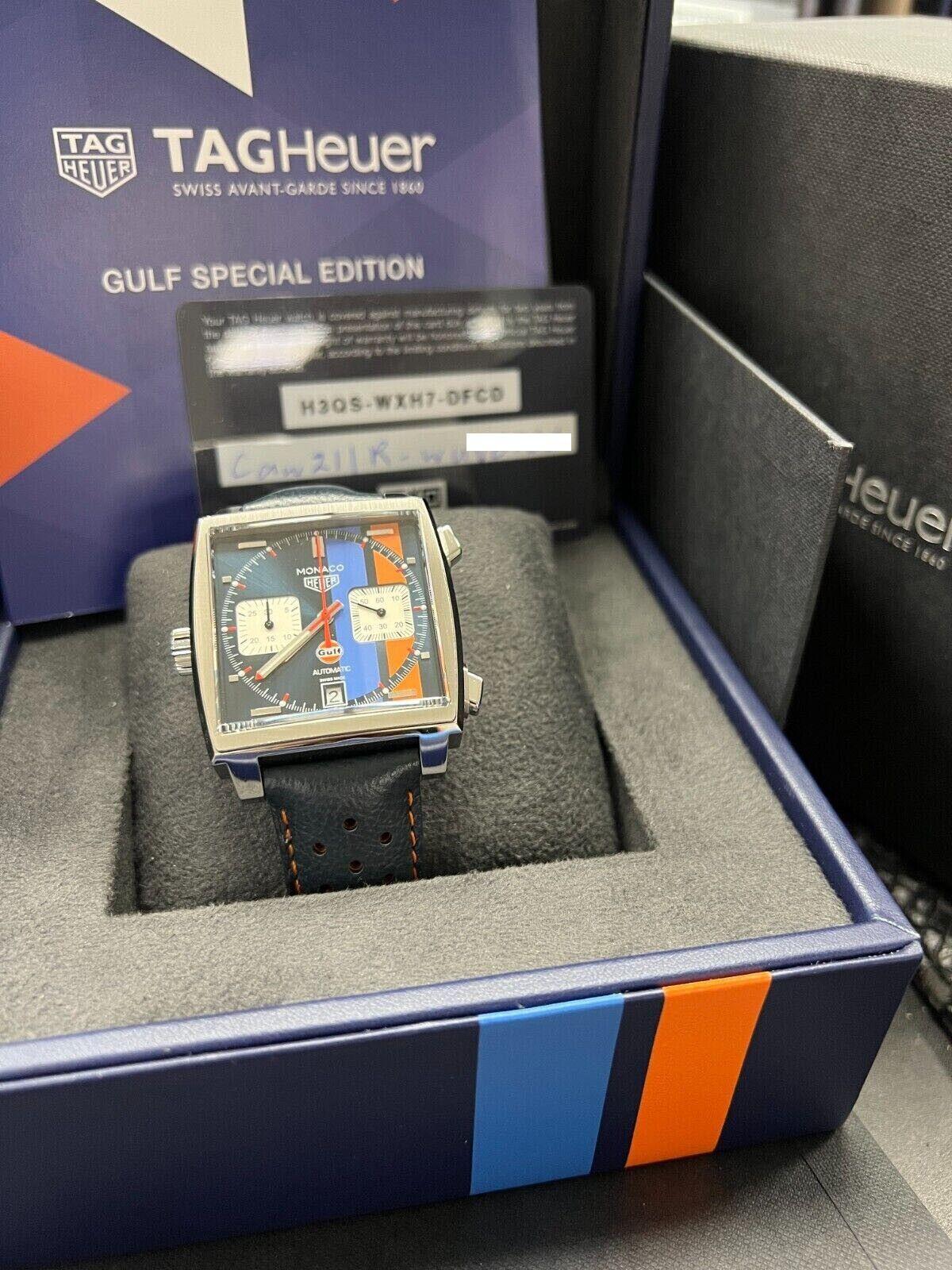 Tag Heuer CAW211R Monaco Gulf Blue and Orange Steel Leather Strap Box Paper For Sale 5