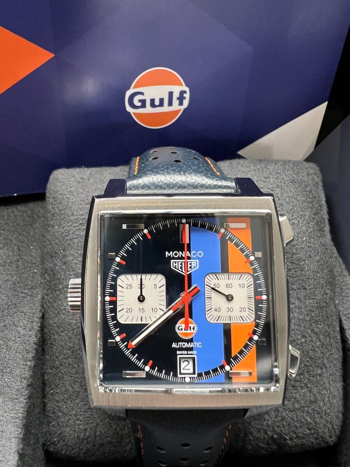 Men's Tag Heuer CAW211R Monaco Gulf Blue and Orange Steel Leather Strap Box Paper For Sale