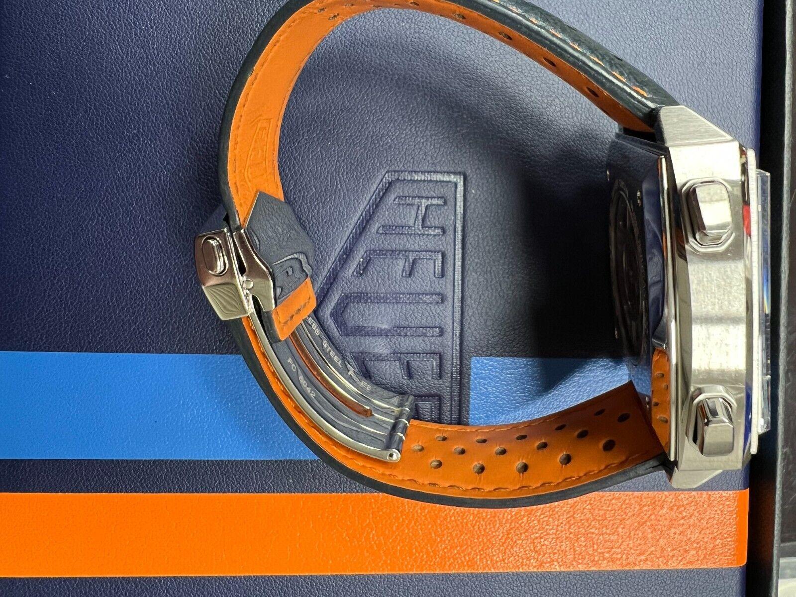 Tag Heuer CAW211R Monaco Gulf Blue and Orange Steel Leather Strap Box Paper For Sale 3