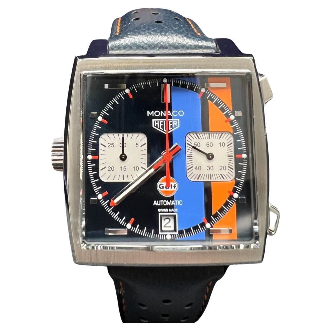 Tag Heuer CAW211R Monaco Gulf Blue and Orange Steel Leather Strap Box Paper For Sale