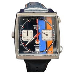 Used Tag Heuer CAW211R Monaco Gulf Blue and Orange Steel Leather Strap Box Paper