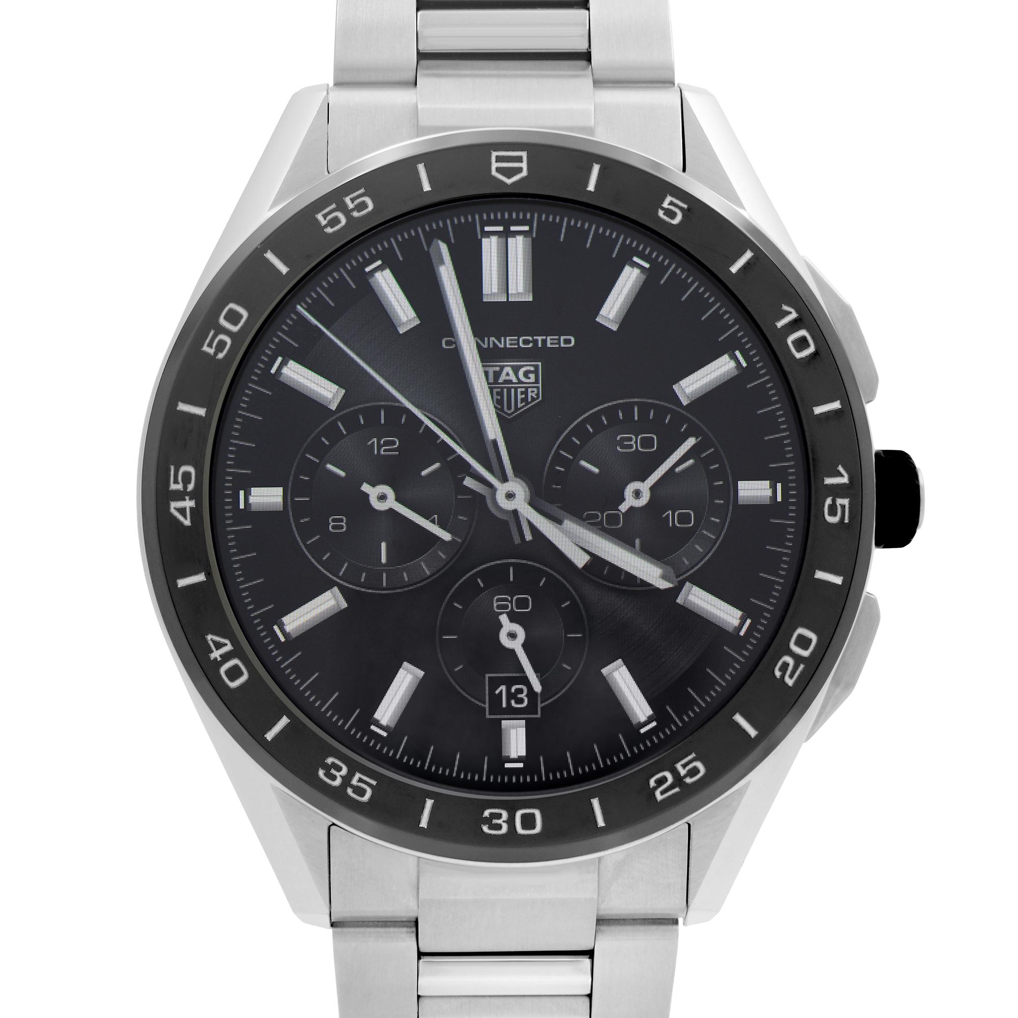 Unworn TAG Heuer Connected 45mm Steel Touchscreen Quartz Men's Watch SBG8A10.BA0646. This Beautiful Timepiece Features: Stainless Steel Case and Bracelet, Fixed Black Ceramic Bezel, Touchscreen Dial. Original Box and Papers are Included. Comes with