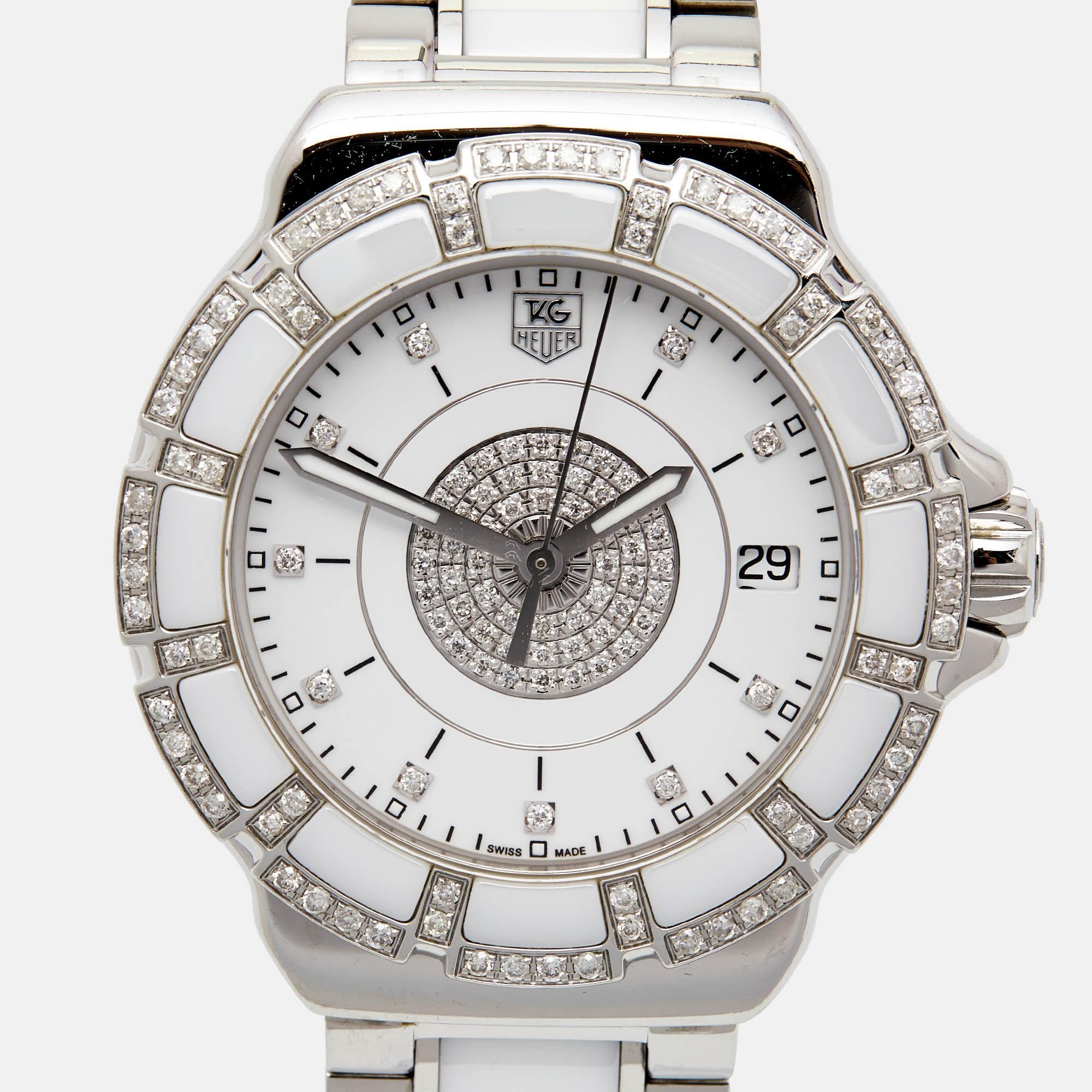 TAG Heuer Diamond Stainless Steel Ceramic Formula 1 Women's Wristwatch 37 mm For Sale 3
