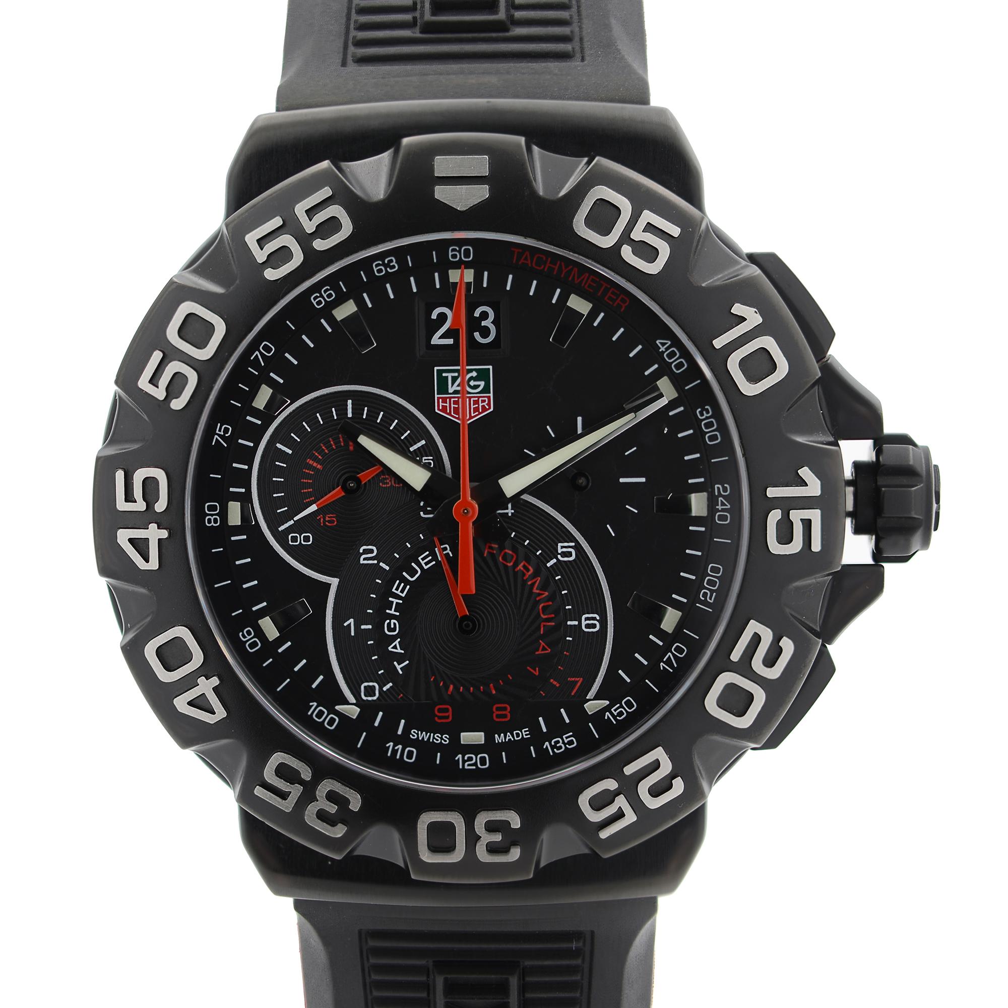 Pre-Owned TAG Heuer Formula 1 42mm Chronograph PVD Steel Quartz Men Watch CAH1012.FT6026. The Watch is empowered by a Quartz Movement. This Beautiful Timepiece Features: Black PVD Coated Stainless Steel Case and Two-Piece Rubber Strap.