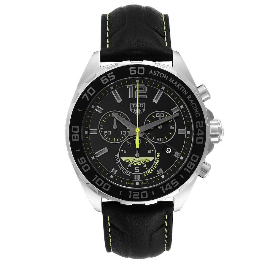 Tag Heuer Formula 1 Aston Martin Chronograph Steel Watch CAZ101P Box Card. Quartz chronograph movement. Stainless steel case 43.0 mm in diameter. Black bezel with silver tachymeter scale. Scratch resistant sapphire crystal. Black dial with steel