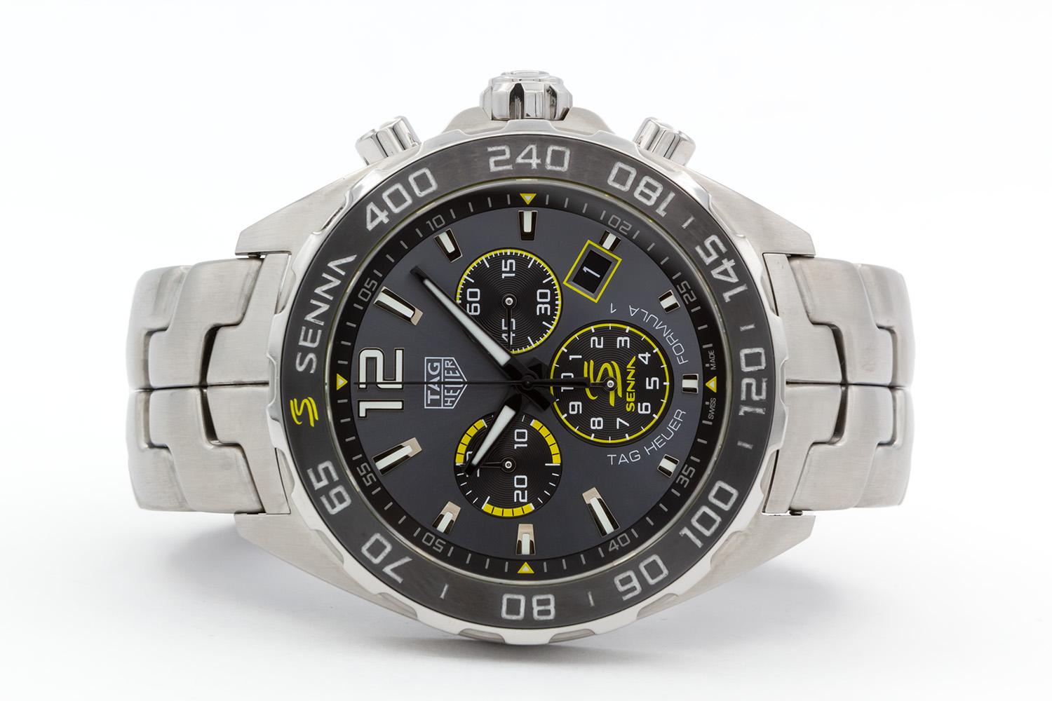 We are pleased to offer this TAG Heuer Formula 1 Ayrton Senna Special Edition Quartz Chronograph Watch CAZ101AF.BA0637. A tribute to Ayrton Senna, this watch features a 43mm stainless steel case with quartz chronograph movement and sunray-brushed