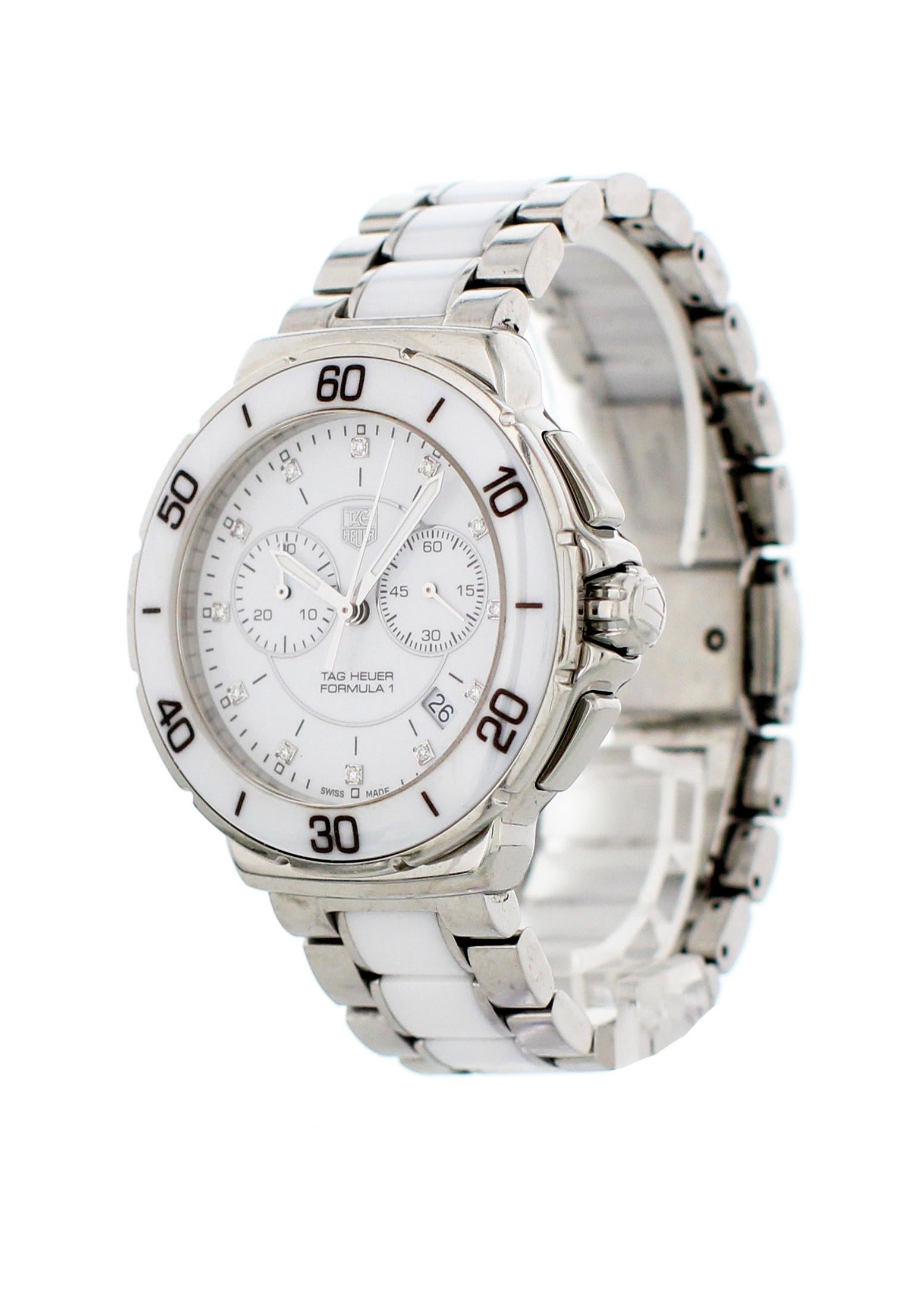 Tag Heuer Formula 1 CAH1211 Ladies Watch. 42mm stainless steel case. Stainless steel uni-directional bezel with white ceramic bezel insert. White ceramic dial with luminous hands and diamond hour markers. Minute markers around the outer rim. Date