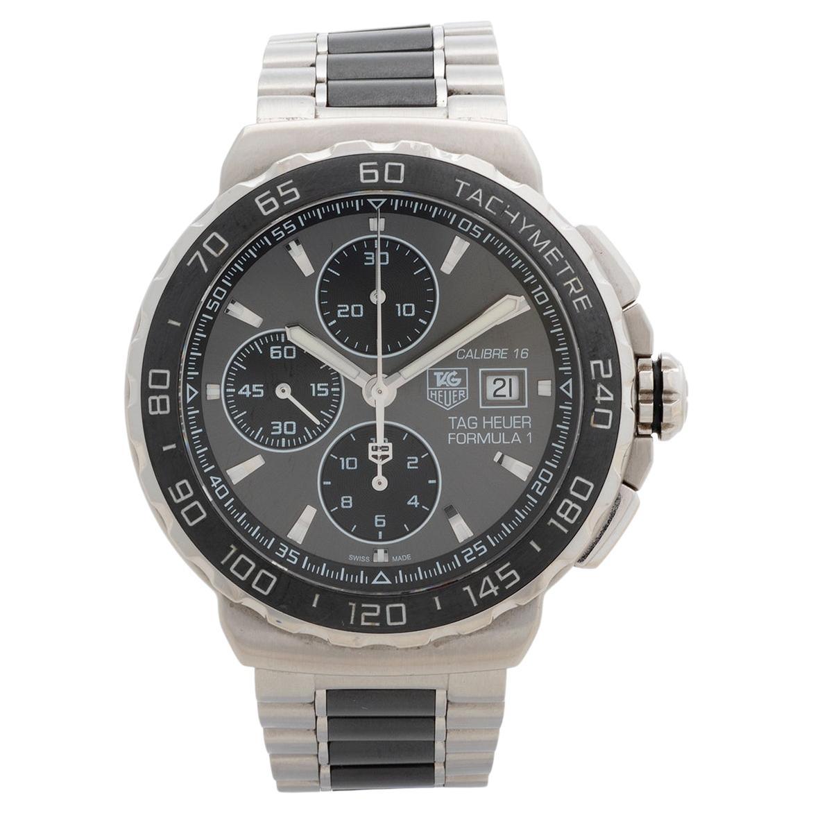 Our Tag Heuer Formula 1 chronograph reference CAU2010 automatic with cal 16 movement features a 44mm stainless steel case with ceramic bezel and grey dial with stainless steel and ceramic bracelet. Presented in outstanding condition with only light