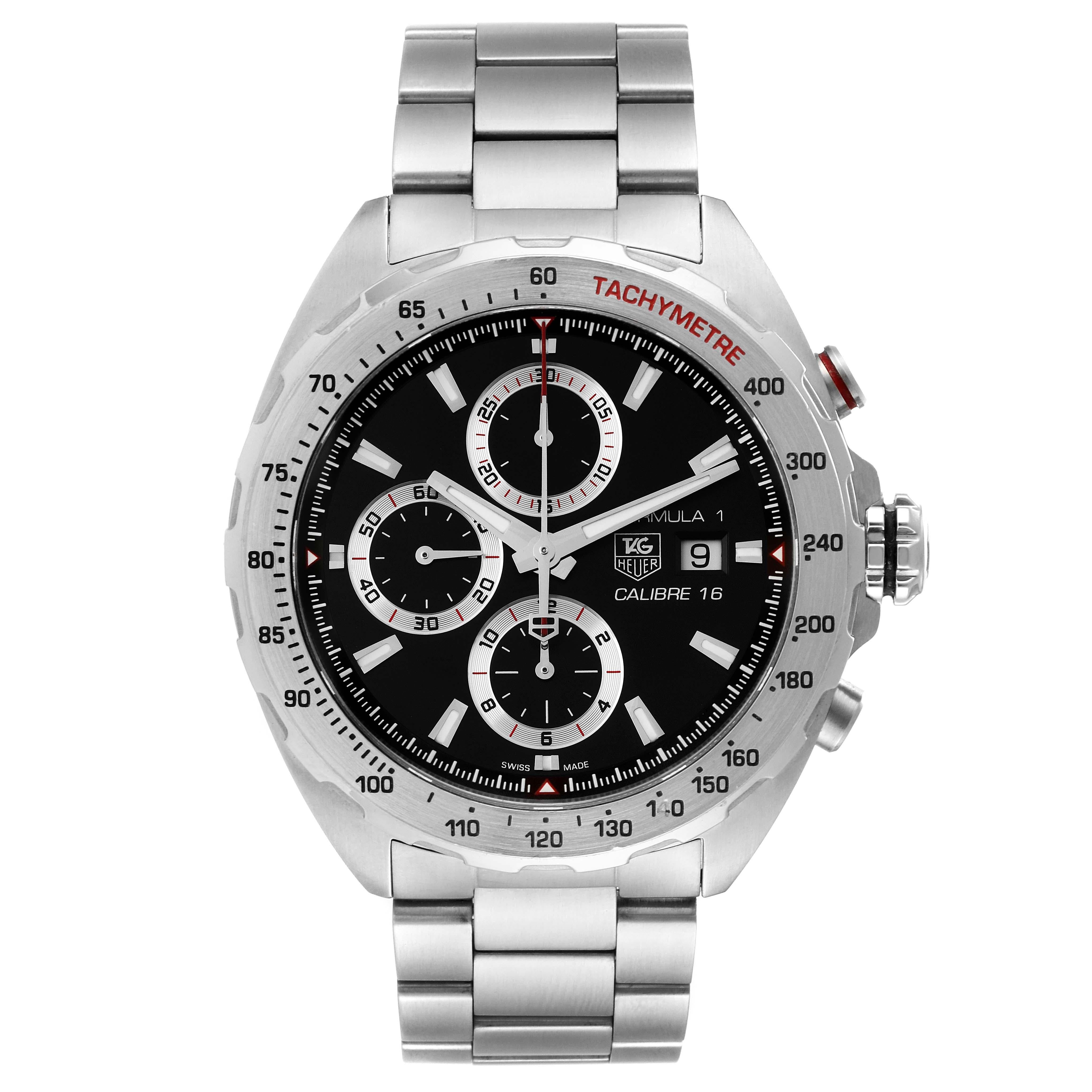 Tag Heuer Formula 1 Chronograph Steel Mens Watch CAZ2010 Box Card. Automatic self-winding chronograph movement. Polished stainless steel case 44.0 mm. Stainless steel bezel with tachymeter markings. Scratch resistant sapphire crystal. Black dial