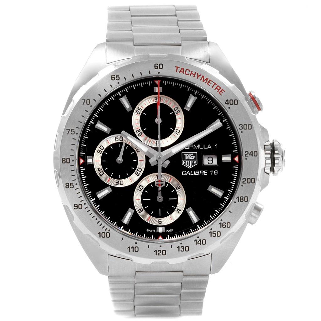 Tag Heuer Formula 1 Chronograph Steel Mens Watch CAZ2010 Card. Automatic self-winding chronograph movement. Stainless steel case 44.0 mm. Fixed stainless steel bezel showing tachymeter markings. Scratch resistant sapphire crystal. Black dial with