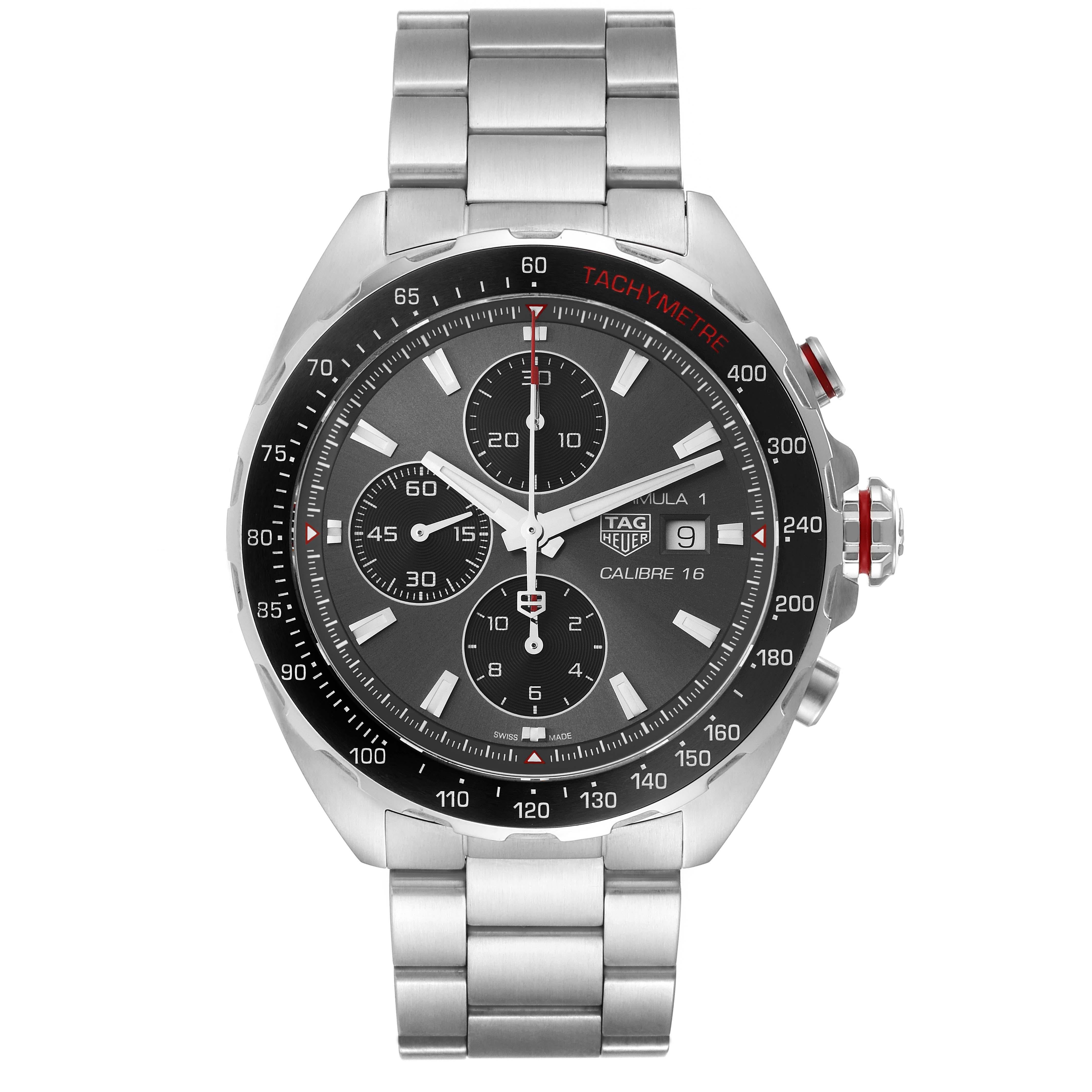 Tag Heuer Formula 1 Chronograph Steel Mens Watch CAZ2012 Box Card. Automatic self-winding chronograph movement. Stainless steel case 44.0 mm in diameter. Black ceramic bezel with tachymeter scale. Scratch resistant sapphire crystal. Anthracite grey