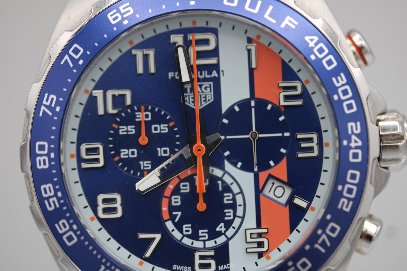Tag Heuer Formula 1 Gulf Quartz Chronograph CAZ101AT.BA0842  43mm Stainless Steel & Blue Ceramic Bezel  Box

Bold and energetic, this chronograph celebrates the legendary partnership between TAG Heuer and Gulf. Sporting Gulf’s emblematic blue and