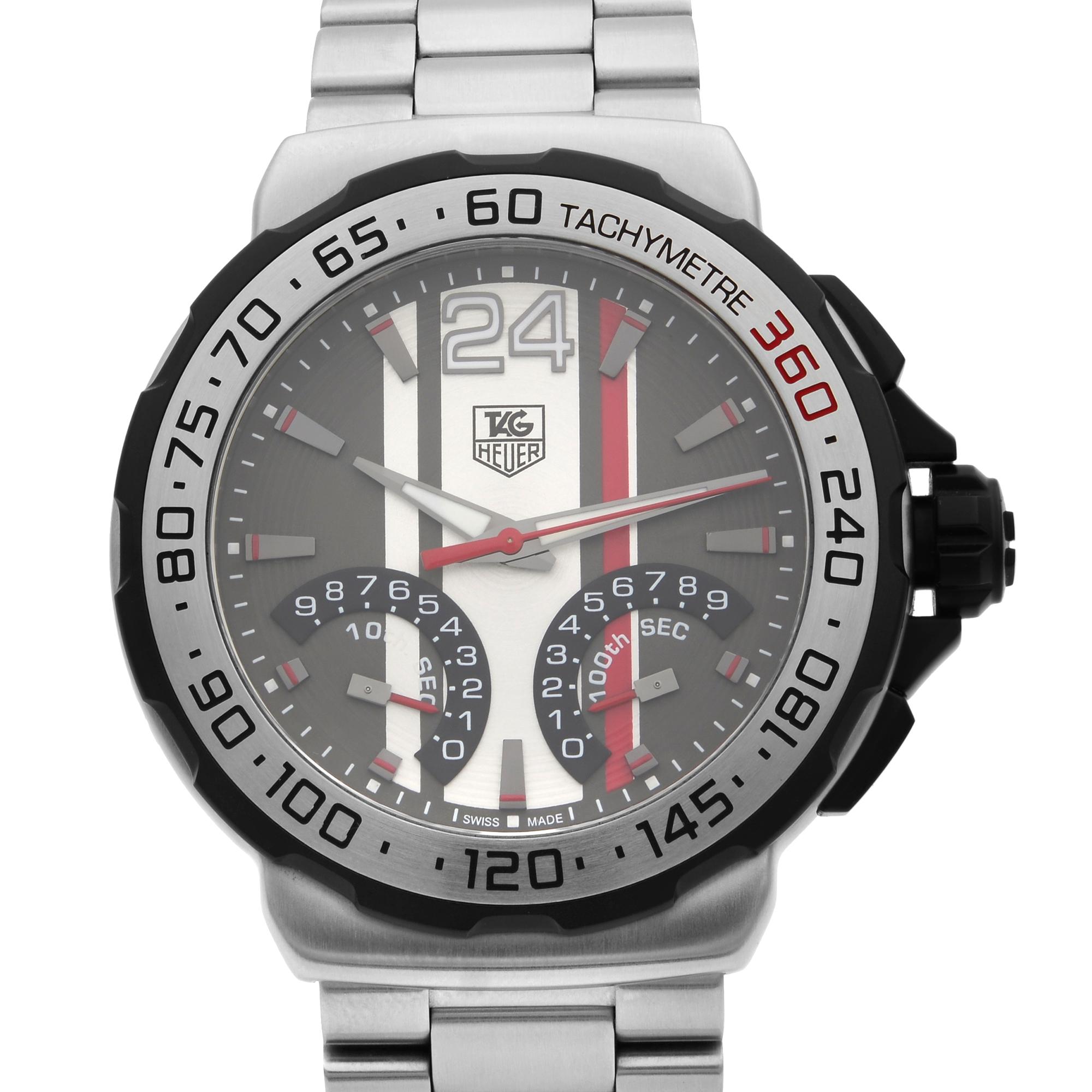 This pre-owned TAG Heuer Formula 1 CAH7011.BA0860 is a beautiful men's timepiece that is powered by quartz (battery) movement which is cased in a stainless steel case. It has a round shape face, chronograph dial and has hand sticks style markers. It