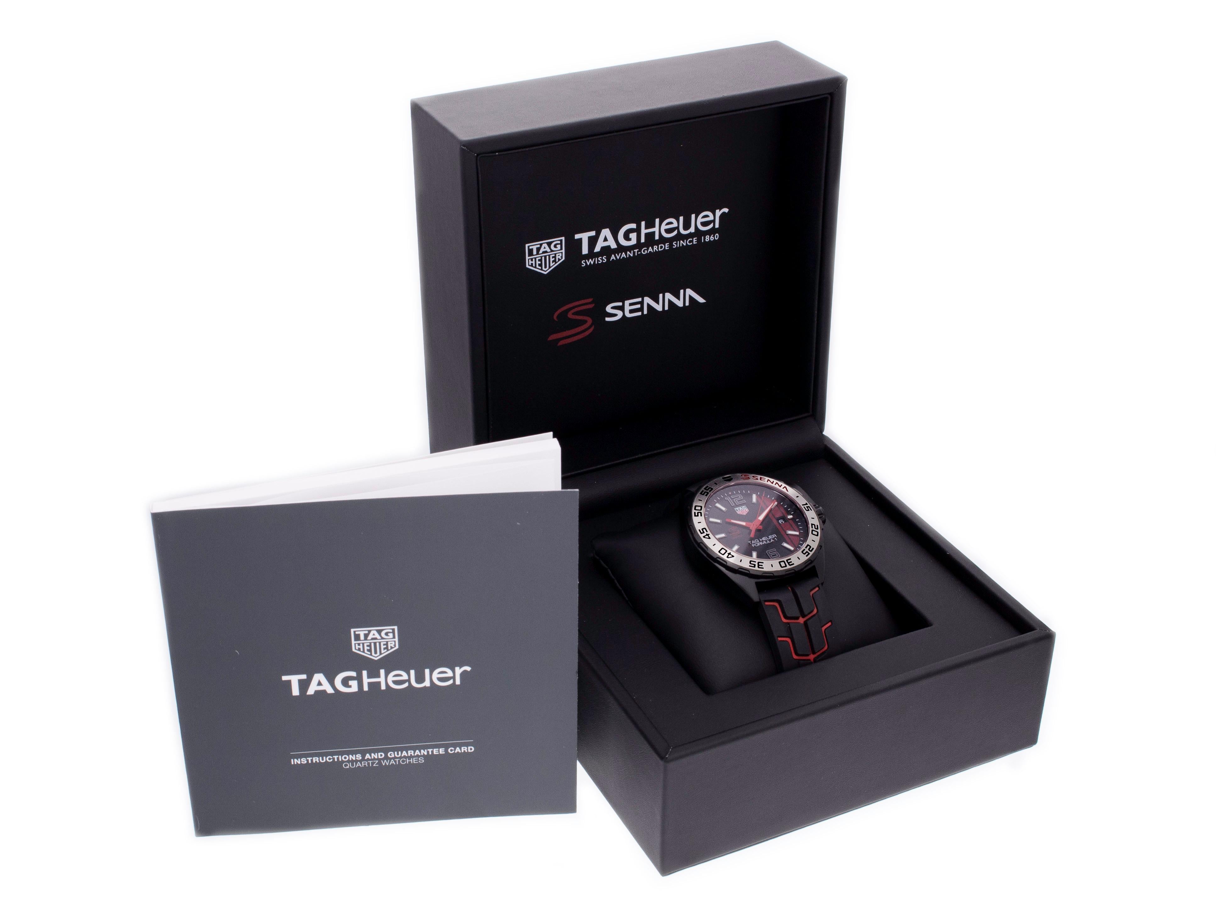 Black PVD stainless steel Tag Heuer Formula 1 Senna WAZ1014.FT8027 watch, water resistant to 200m, with rubber strap. Comes with TAG Heuer Box & Manual.

Watch	
Brand:	TAG Heuer
Series:	Formula One Senna
Model
