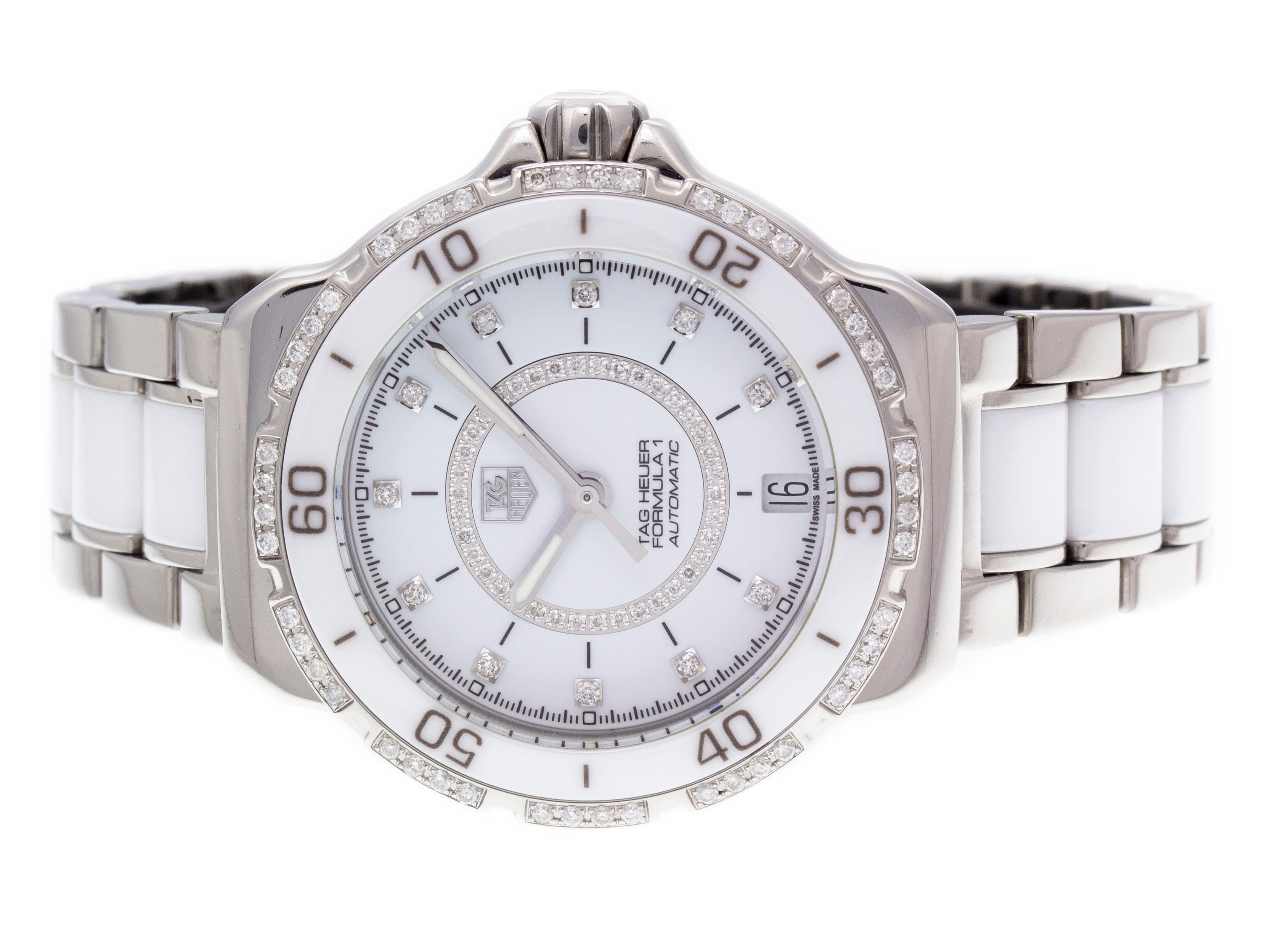 Stainless steel & ceramic Tag Heuer Formula 1 automatic watch with a 37mm case, white diamond dial, and bracelet with folding clasp. Features include hours, minutes, seconds and date. Comes with a Tag Box and 2 Year Store Warranty.​

Brand	Tag
