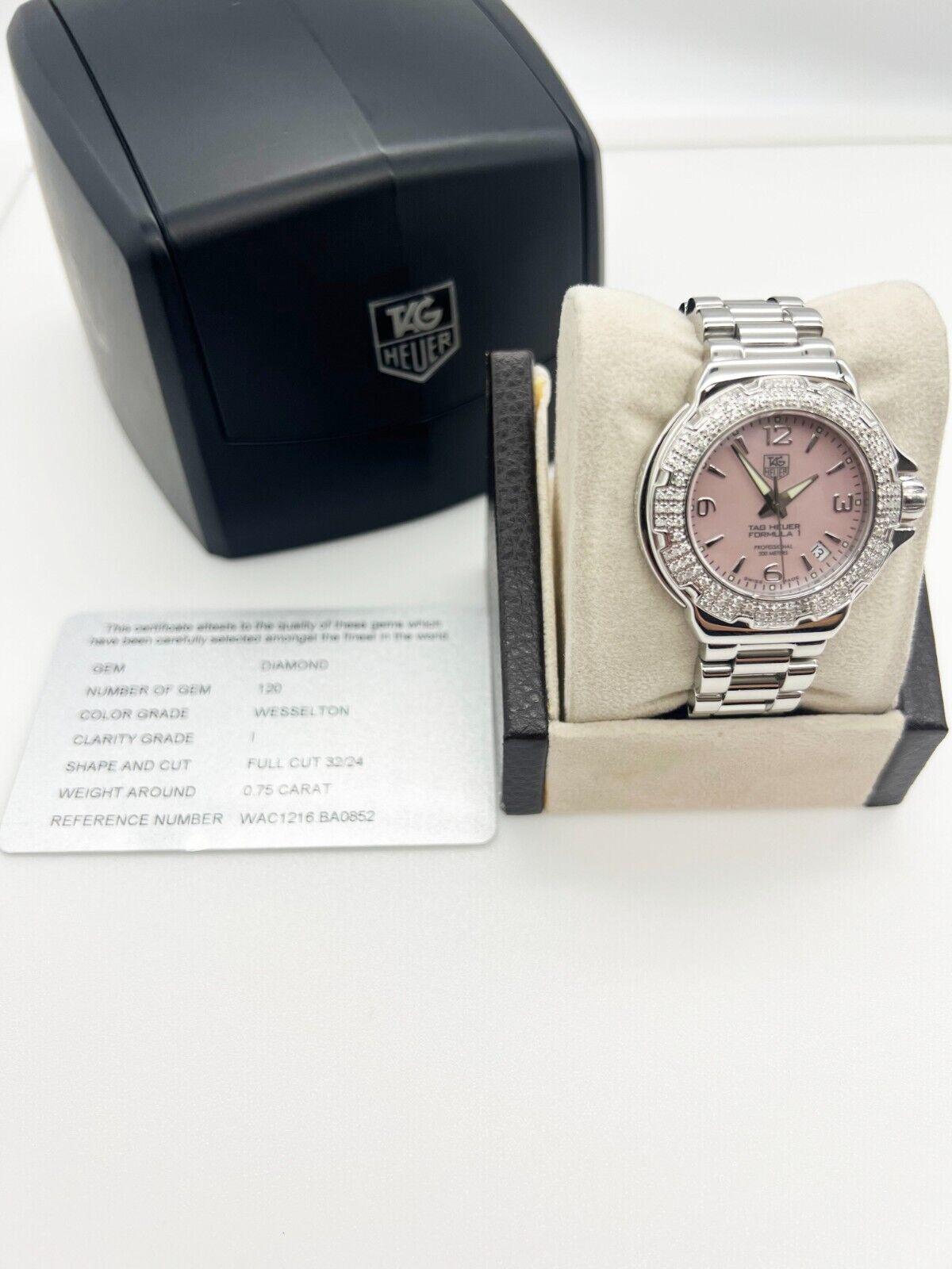 Style Number: WAC1214.BA0852 

Model: Formula One F1 

Case Material: Stainless Steel 

Band: Stainless Steel 

Bezel: Original Diamond Bezel  

Dial: Pink Mother of Pearl Dial 

Face: Sapphire Crystal - Crystal has a small blemish on it.  

Case