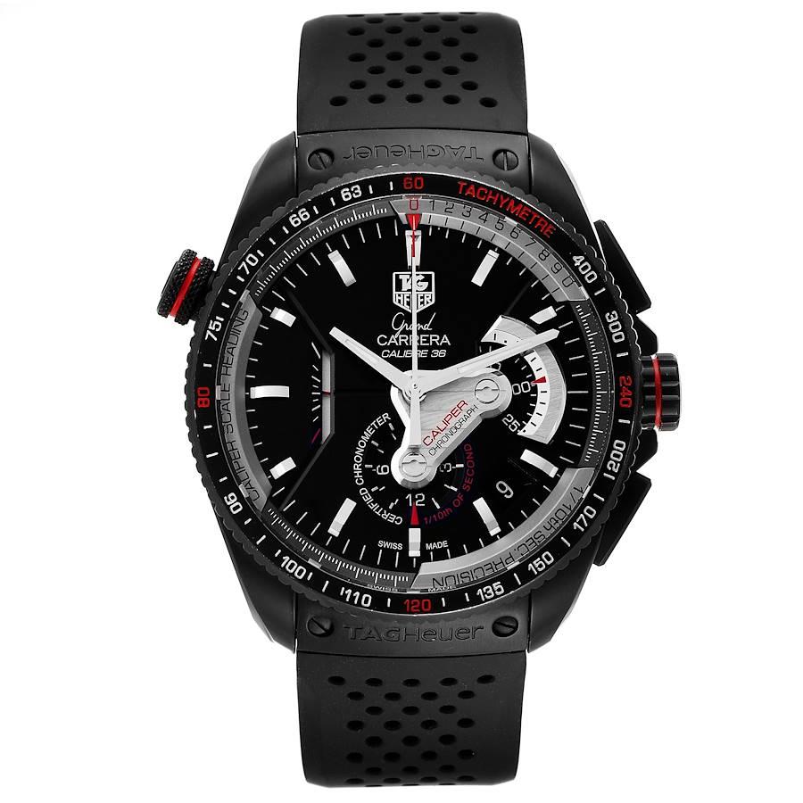 Tag Heuer Grand Carrera 36 RS Caliber PVD Titanium Watch CAV5185 Box Card. Automatic self-winding movement. Black PVD coated titanium case 43.0 mm. Transparent sapphire crystal caseback. Screwed-down crown. Oversized crown at 10 o'clock. Black