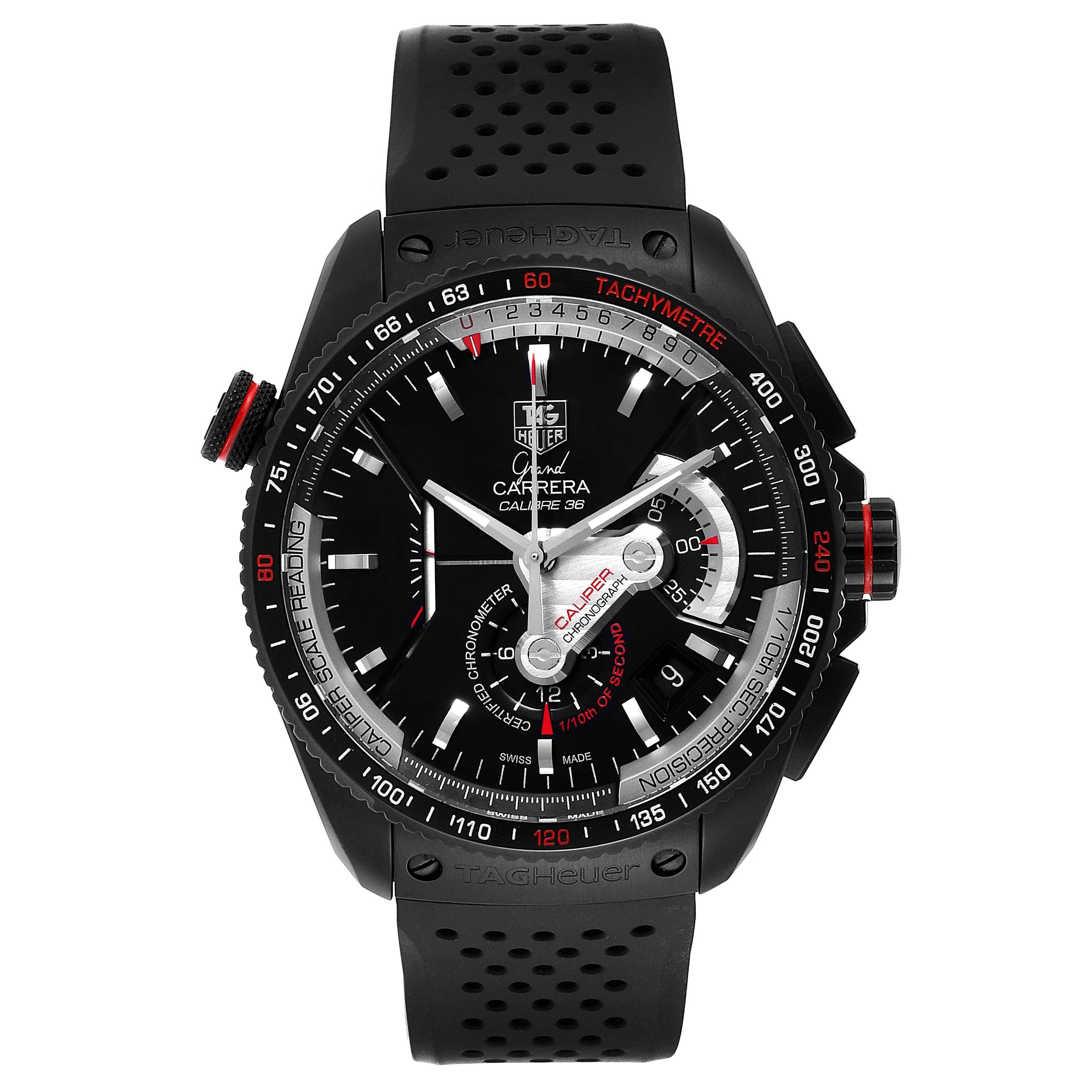 Tag Heuer Grand Carrera 36 RS Caliper PVD Titanium Watch CAV5185.FC6237. Automatic self-winding movement. Black PVD coated titanium case 43.0 mm. Transperent sapphire crystal caseback. Screwed-down crown. Screwed-down caseback. Oversized crown at 10