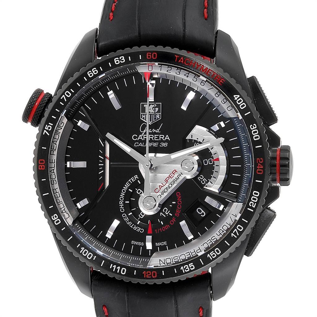 Tag Heuer Grand Carrera 36 RS Caliper PVD Titanium Watch CAV5185.FC6237. Automatic self-winding movement. Black PVD coated titanium case 43.0 mm. Transperent sapphire crystal caseback. Screwed-down crown. Screwed-down caseback. Oversized crown at 10