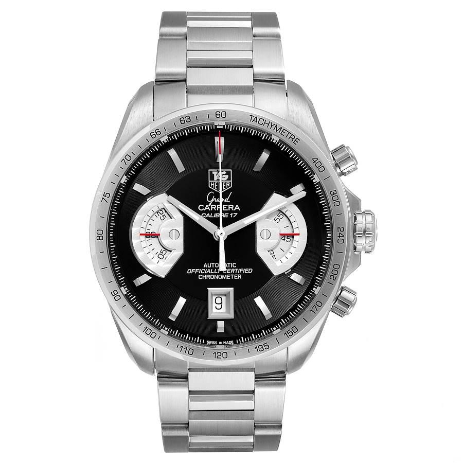Tag Heuer Grand Carrera Black Dial Automatic Mens Watch CAV511A Box Card. Automatic self-winding movement. Stainless steel case 43.0 mm. Transparent sapphire crystal back. Stainless steel bezel with tachymeter scale. Scratch resistant sapphire
