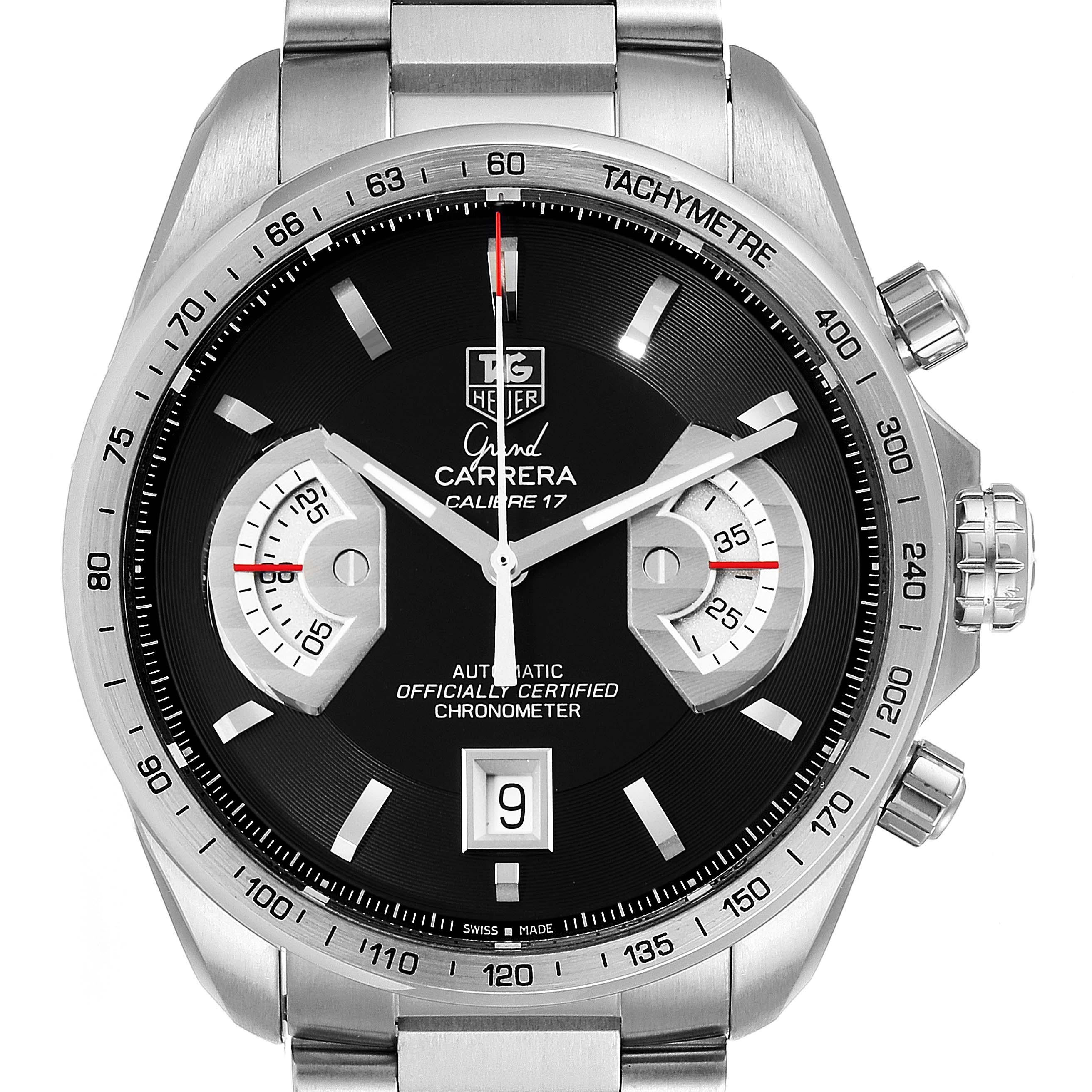 Tag Heuer Grand Carrera Black Dial Automatic Mens Watch CAV511A. Automatic self-winding movement. Stainless steel case 43.0 mm. Transperent sapphire crystal back. Stainless steel bezel with tachymeter scale. Scratch resistant sapphire crystal. Black