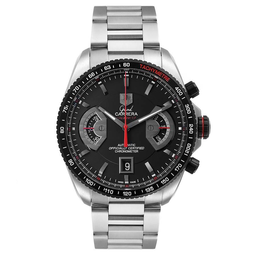 Tag Heuer Grand Carrera schwarzes Zifferblatt automatische Herrenuhr CAV511C Box-Karte. Automatisches Uhrwerk mit Selbstaufzug. Gehäuse aus poliertem Edelstahl 43,0 mm. Transperenter Saphirglasboden. Krone und Drücker aus schwarzem Titan. Lünette