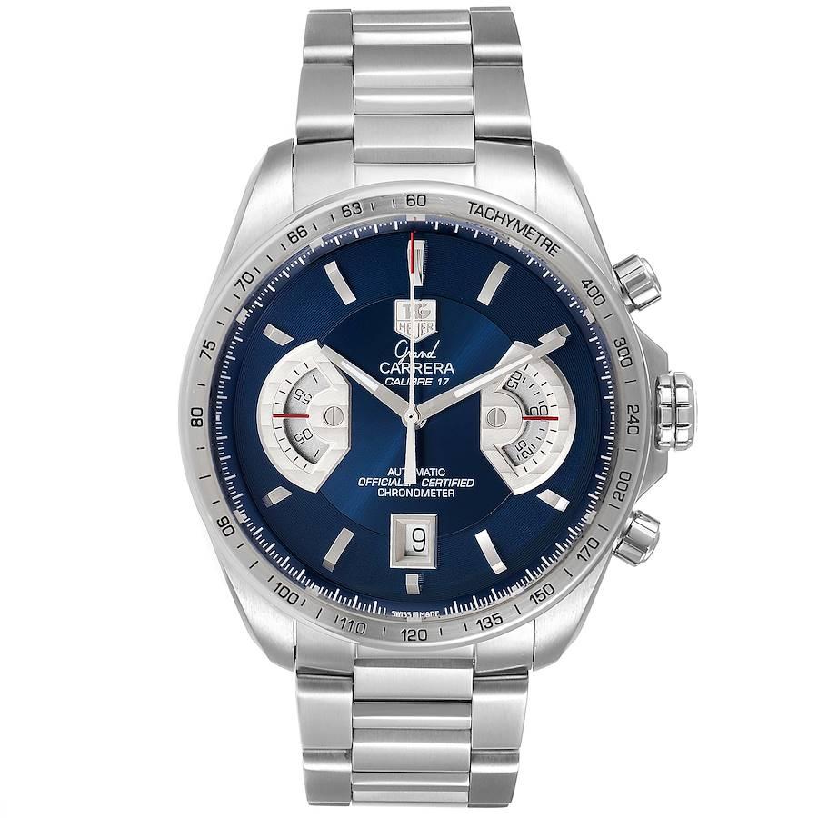 Tag Heuer Grand Carrera Blue Dial Limited Edition Mens Watch CAV511F Box. Automatic self-winding movement. Stainless steel case 43.0 mm. Transperent exhibition sapphire crystal caseback. Stainless steel bezel with tachymeter scale. Scratch resistant
