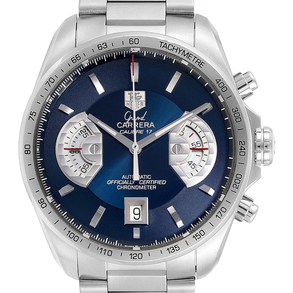 Tag Heuer Grand Carrera Blue Dial Limited Edition Mens Watch CAV511F. Automatic self-winding movement. Stainless steel case 43.0 mm. Transperent sapphire crystal back. Fixed stainless steel bezel with tachymeter scale. Scratch resistant sapphire