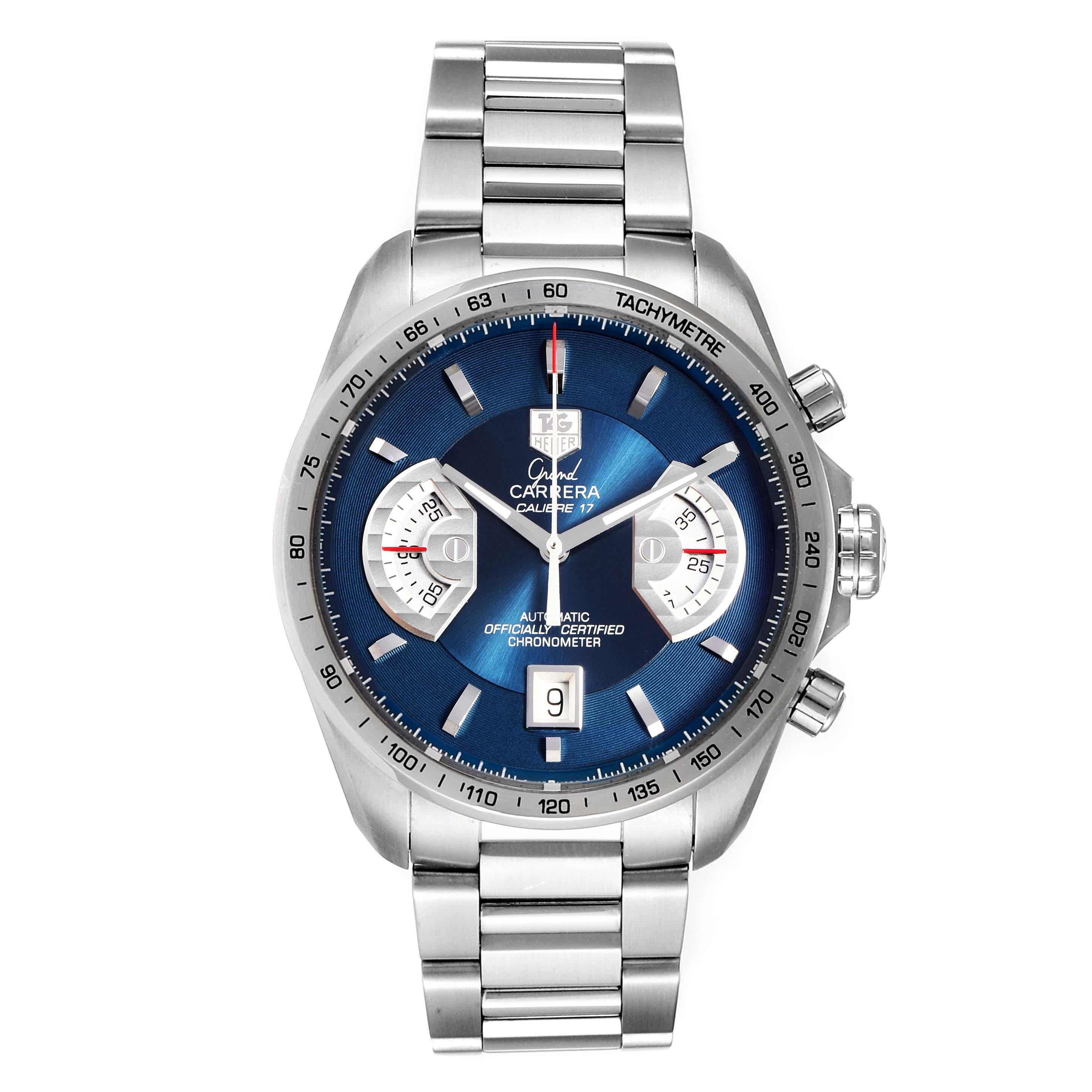 Tag Heuer Grand Carrera Blue Dial Limited Edition Watch CAV511F Box Card. Automatic self-winding movement. Stainless steel case 43.0 mm. Transperent sapphire crystal back. Stainless steel bezel with tachymeter scale. Scratch resistant sapphire