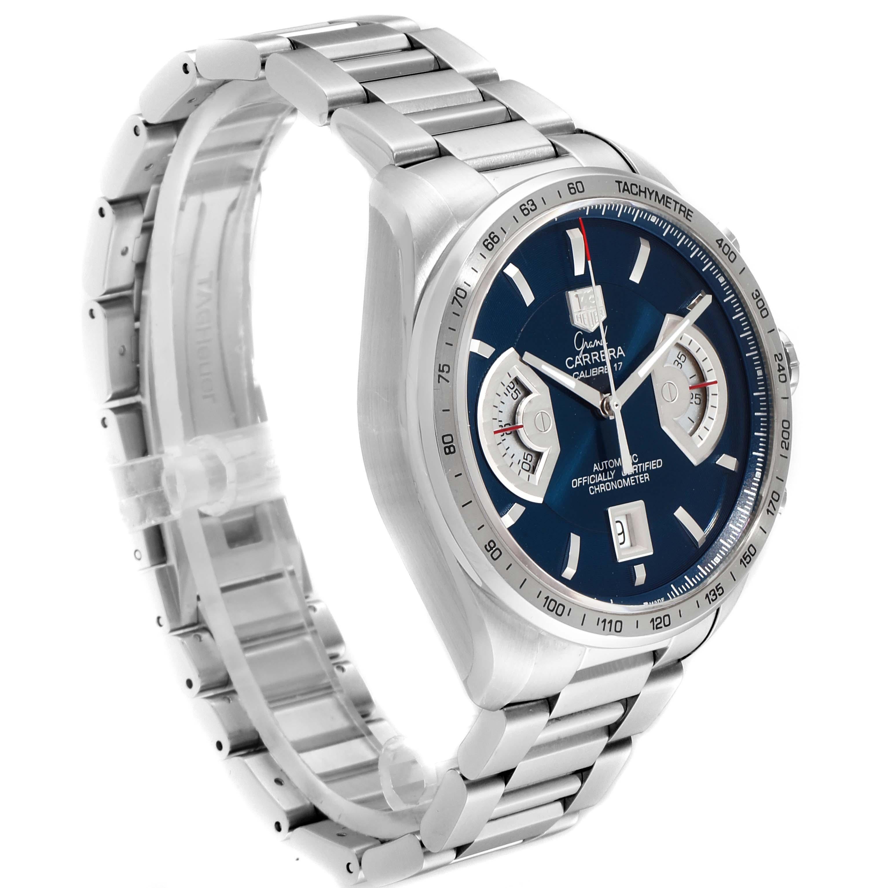 TAG Heuer Grand Carrera Blue Dial Limited Edition Watch CAV511F Box Card In Excellent Condition In Atlanta, GA