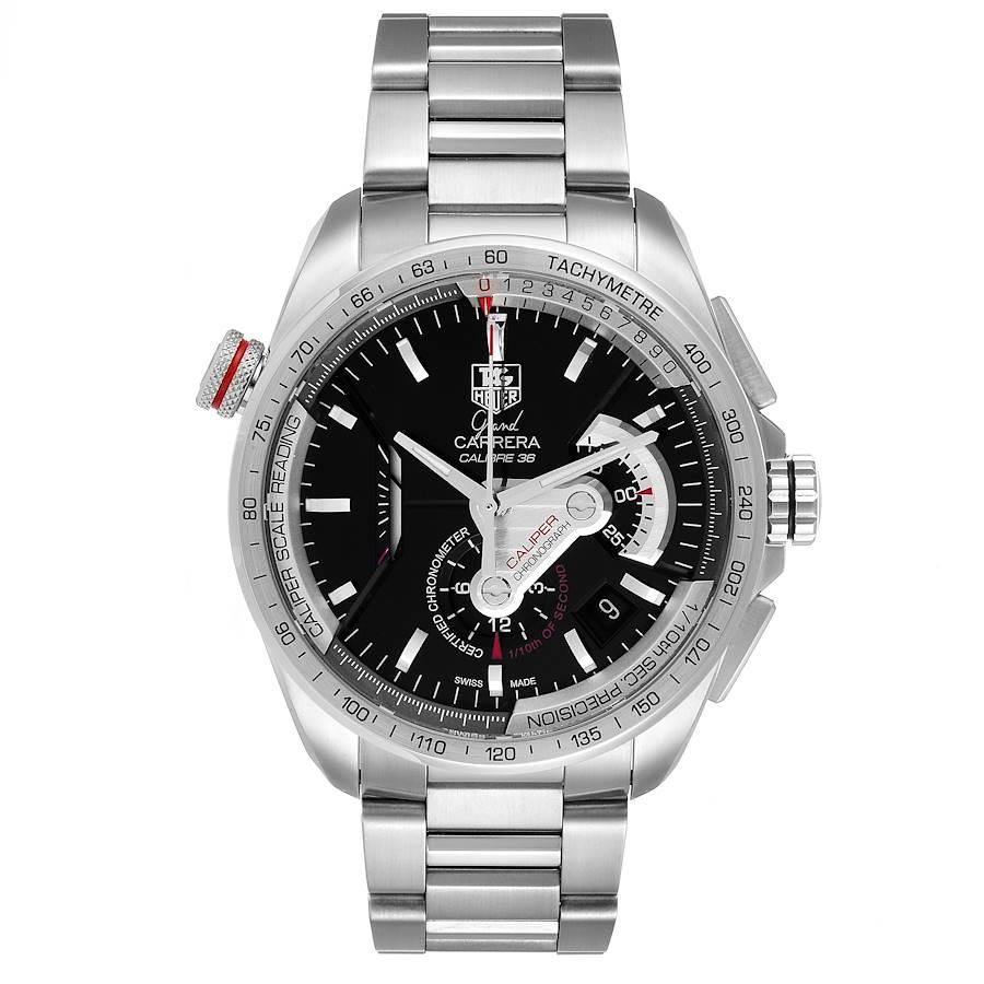 Tag Heuer Grand Carrera Calibre 36 RS Caliper Mens Watch CAV5115. Automatic self-winding movement. Stainless steel case 44 mm in diameter. Sapphire crystal exhibition case back. Screwed-down fluted crown. Stainless steel bezel with tachymetric