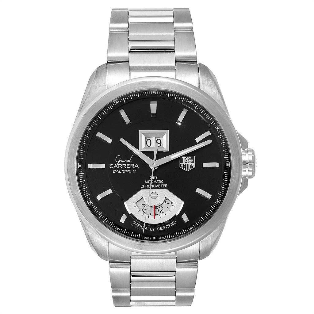 Tag Heuer Grand Carrera Calibre 8 GMT Chronograph Mens Watch WAV5111 Box Card. Automatic self-winding movement. Stainless steel case 42.5 mm. Exhibition caseback. Stainless steel bezel. Scratch resistant sapphire crystal. Black Dial with raised