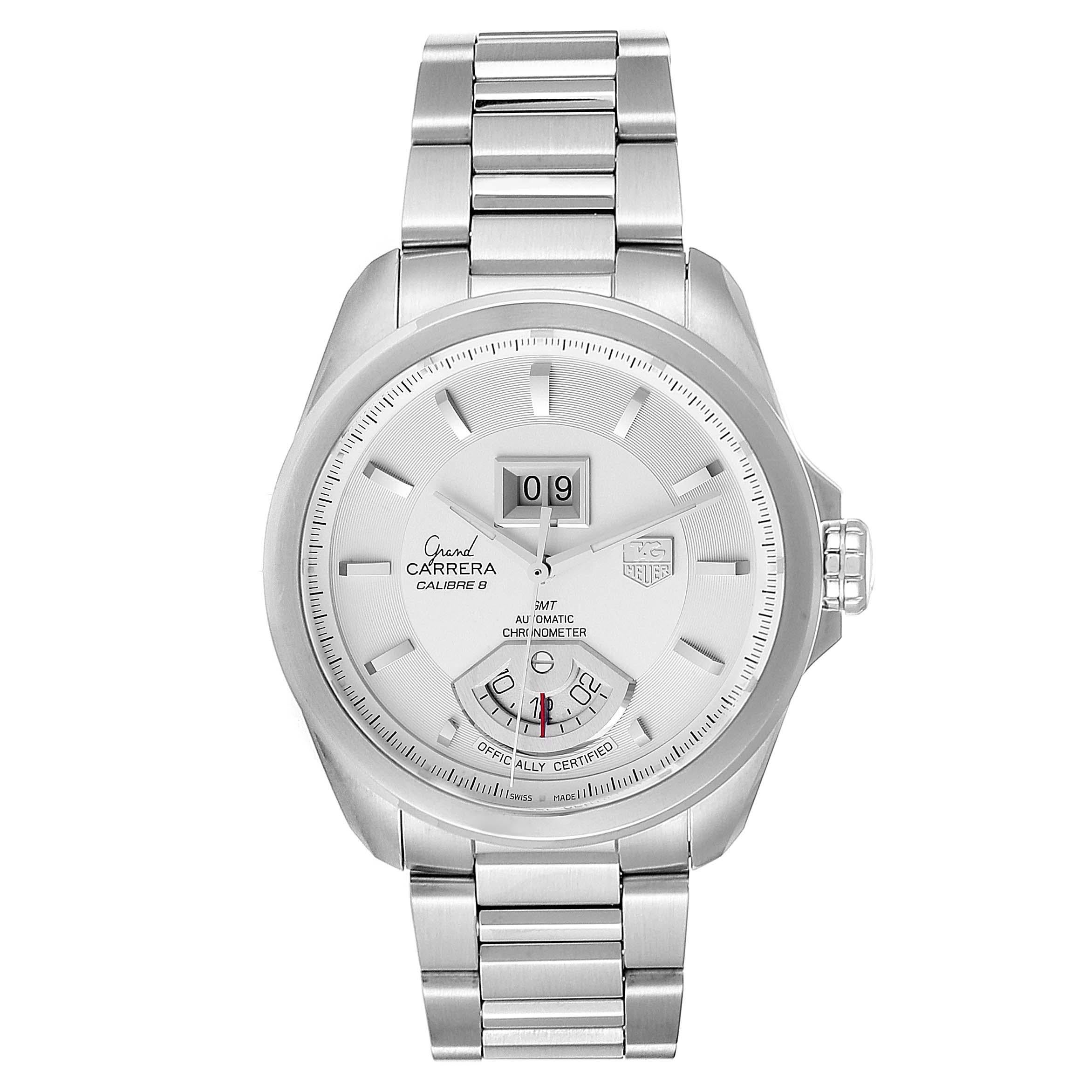 Tag Heuer Grand Carrera GMT Chronograph Mens Watch WAV5112 Box Card. Automatic self-winding movement. Stainless steel case 42.5 mm. Exhibition caseback. Stainless steel bezel. Scratch resistant sapphire crystal. Silver dial with raised index hour