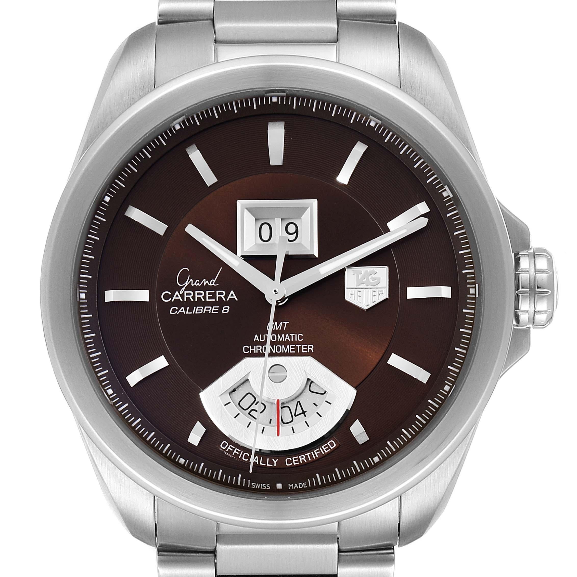 Tag Heuer Grand Carrera Grand Date GMT Brown Dial Mens Watch WAV5113. Automatic self-winding GMT movement. Stainless steel case 42.5 mm. Transperent sapphire crystal case back. Stainless steel bezel . Scratch resistant sapphire crystal. Brown dial
