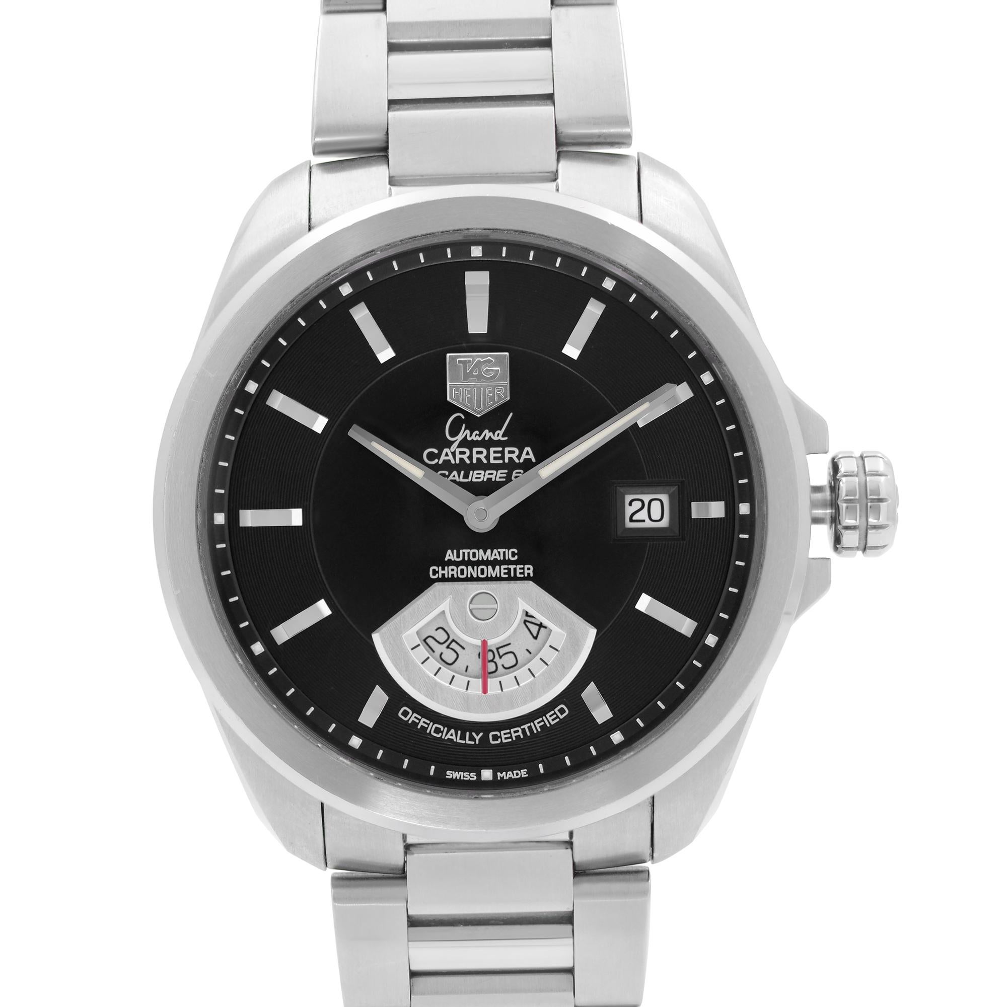 Pre Owned TAG Heuer Grand Carrera Steel Black Dial Automatic Men's Watch WAV511A.BA0900. This Beautiful Timepiece Features: Stainless Steel Case & Bracelet, Fixed Smooth Stainless Steel Bezel, Black Dial with Luminous Silver-Tone Hands, and Index