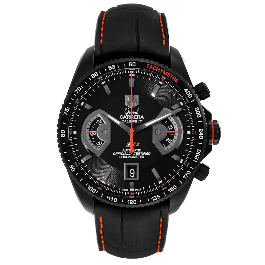 Tag Heuer Grand Carrera Titanium Black PVD Mens Watch CAV518B Box Card. Automatic self-winding chronograph movement. PVD coated titanium case 43.0 mm. Transparent sapphire crystal case back. Black ion-plated bezel with engraved tachymeter. Scratch