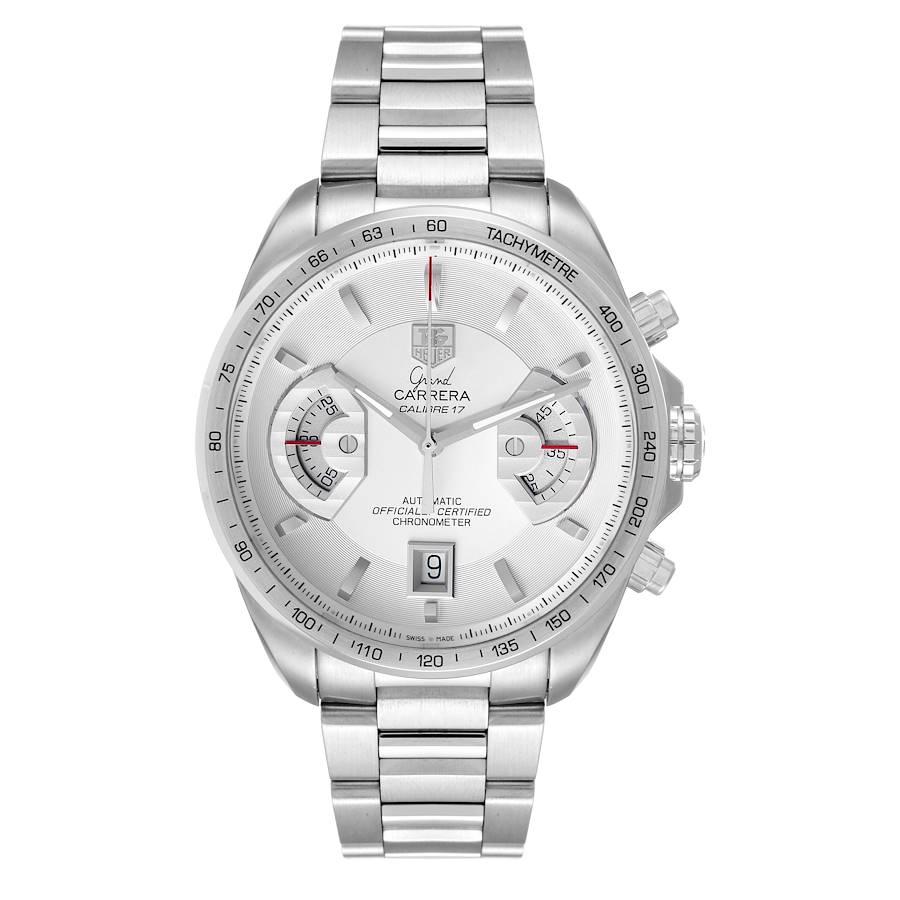 Tag Heuer Grand Carrera White Dial Steel Mens Watch CAV511B Box Card. Automatic self-winding movement. Polished stainless steel case 43.0 mm. Transparent sapphire crystal back. Stainless steel bezel with tachymeter scale. Scratch resistant sapphire