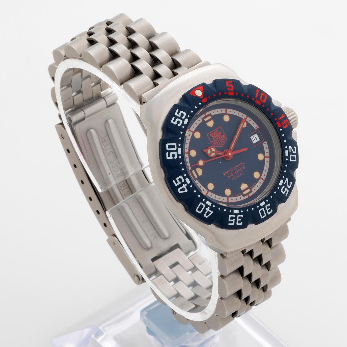 A design icon, the first Tag Heuer Formula 1 quartz, has developed a cult following. This ladies version, with 28mm case in stainless steel and blue dial with blue plastic bezel and stainless steel case, reference WA1210, is presented in outstanding