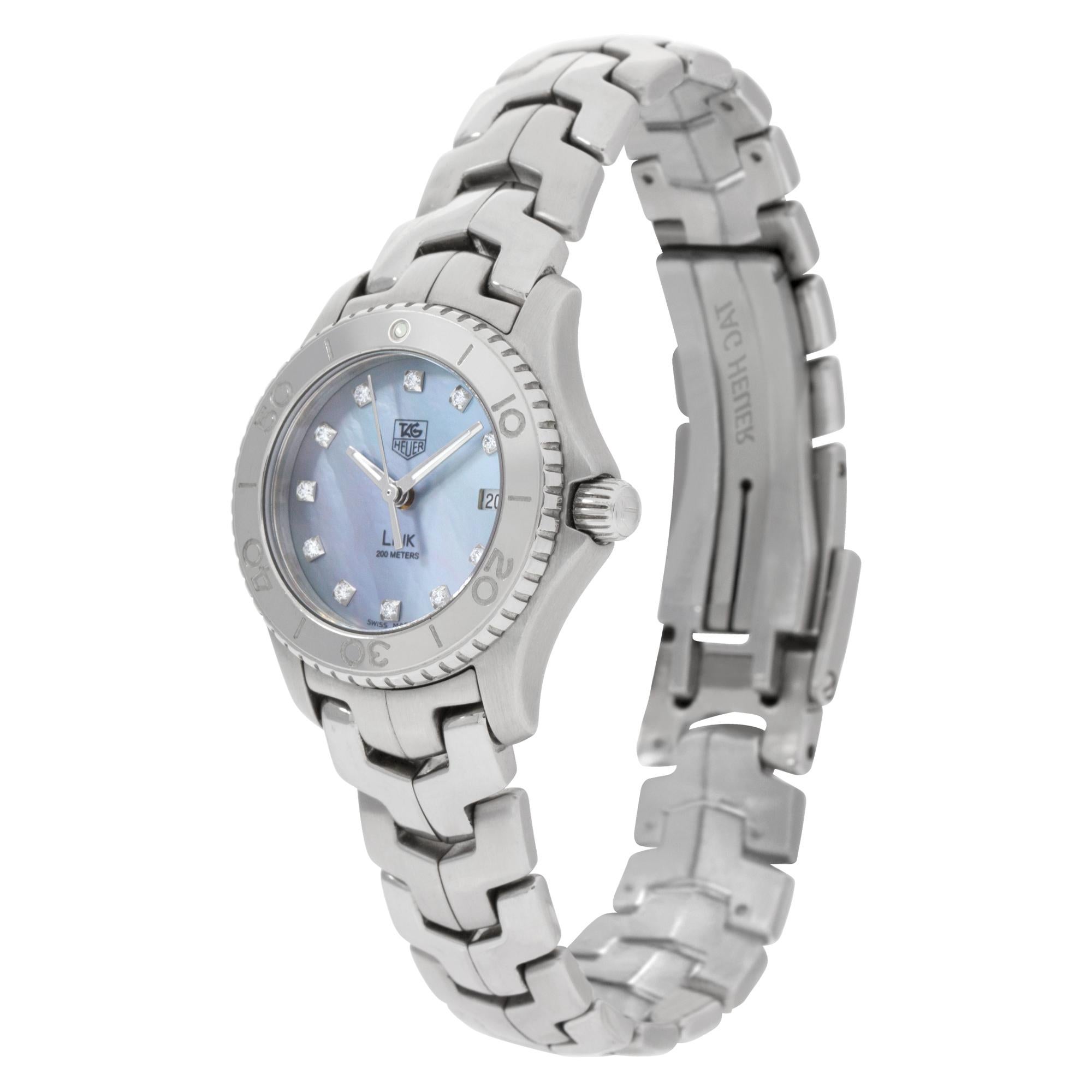 Tag Heuer Link with blue Mother of Pearl diamond dial in stainless steel. Quartz with sweep seconds and date. 26.5 mm case size. Ref WJ1317-0. Fine Pre-owned Tag Heuer Watch.

Certified preowned Sport Tag Heuer Link WJ1317-0 watch is made out of