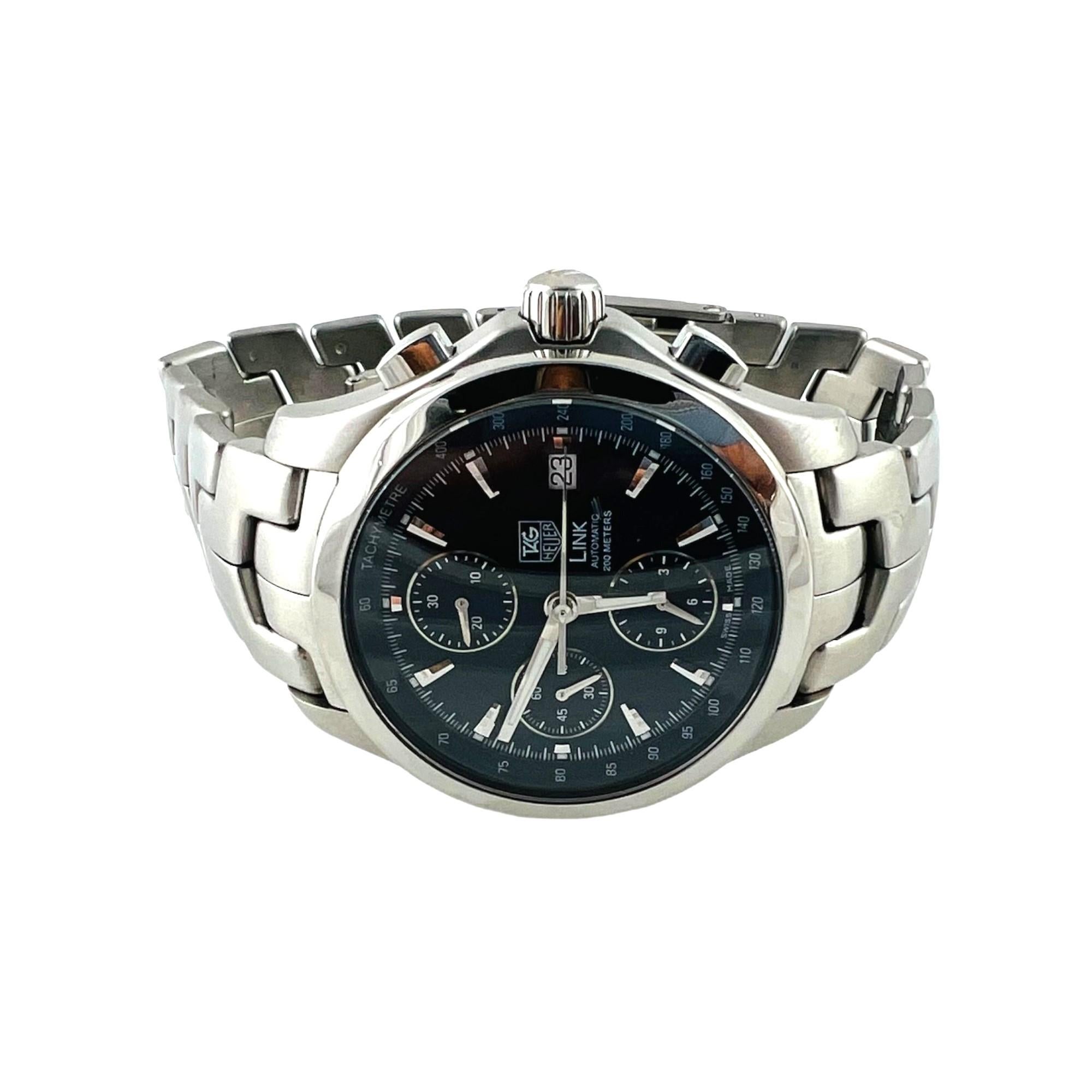 TAG Heuer Men's Link Watch

Model: CJF2112
Serial: GR6715

Tag Heuer Automatic LINK watch - self winding movement

Chronograph with date

Blue Dial

Stainless steel case and band

Band fits up to 7 3/4