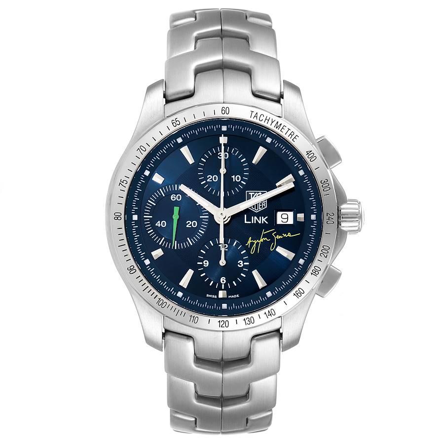 TAG Heuer Link Ayrton Senna Limited Steel Herrenuhr CJF2113.BA0576. Automatisches Chronographenwerk mit Selbstaufzug. Gehäuse aus Edelstahl mit einem Durchmesser von 42,0 mm. Farbiges Logo des Helms von Senna auf dem Gehäuseboden. Tachymetrische