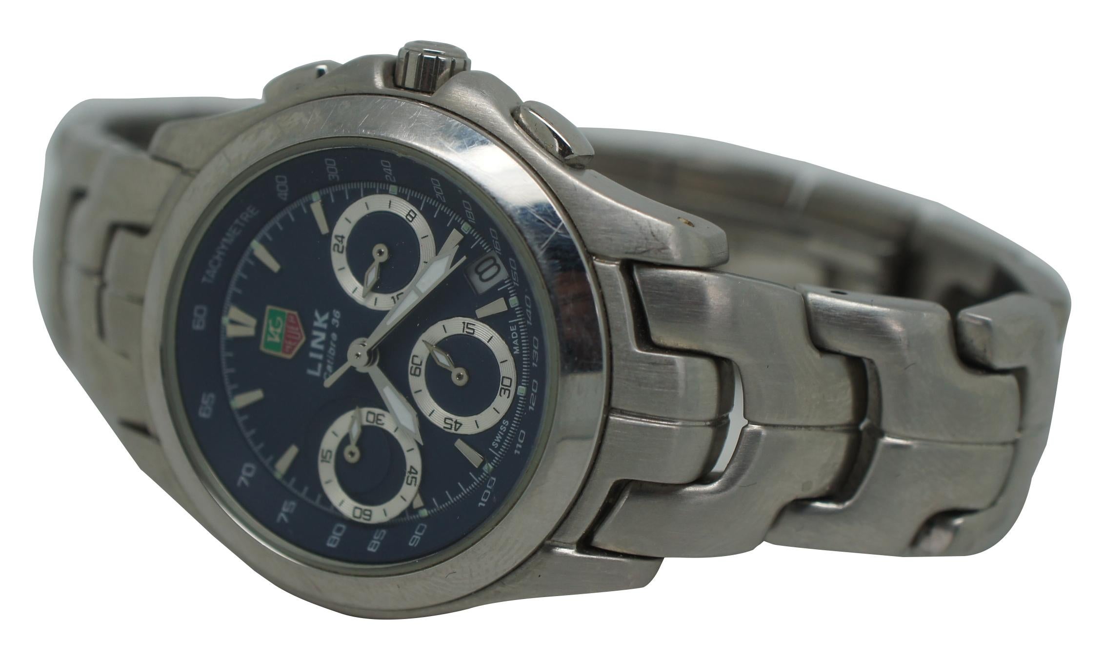Tag Heuer Link Calibre 36 chronograph, tachymetre wrist watch, model CN111B.BA0337, limited edition number 1996/2000, commemorating soccer player Yoshikatsu Kawaguchi, 

Band - 8” x 0.625” / Face – 1” (Length x Width).
 