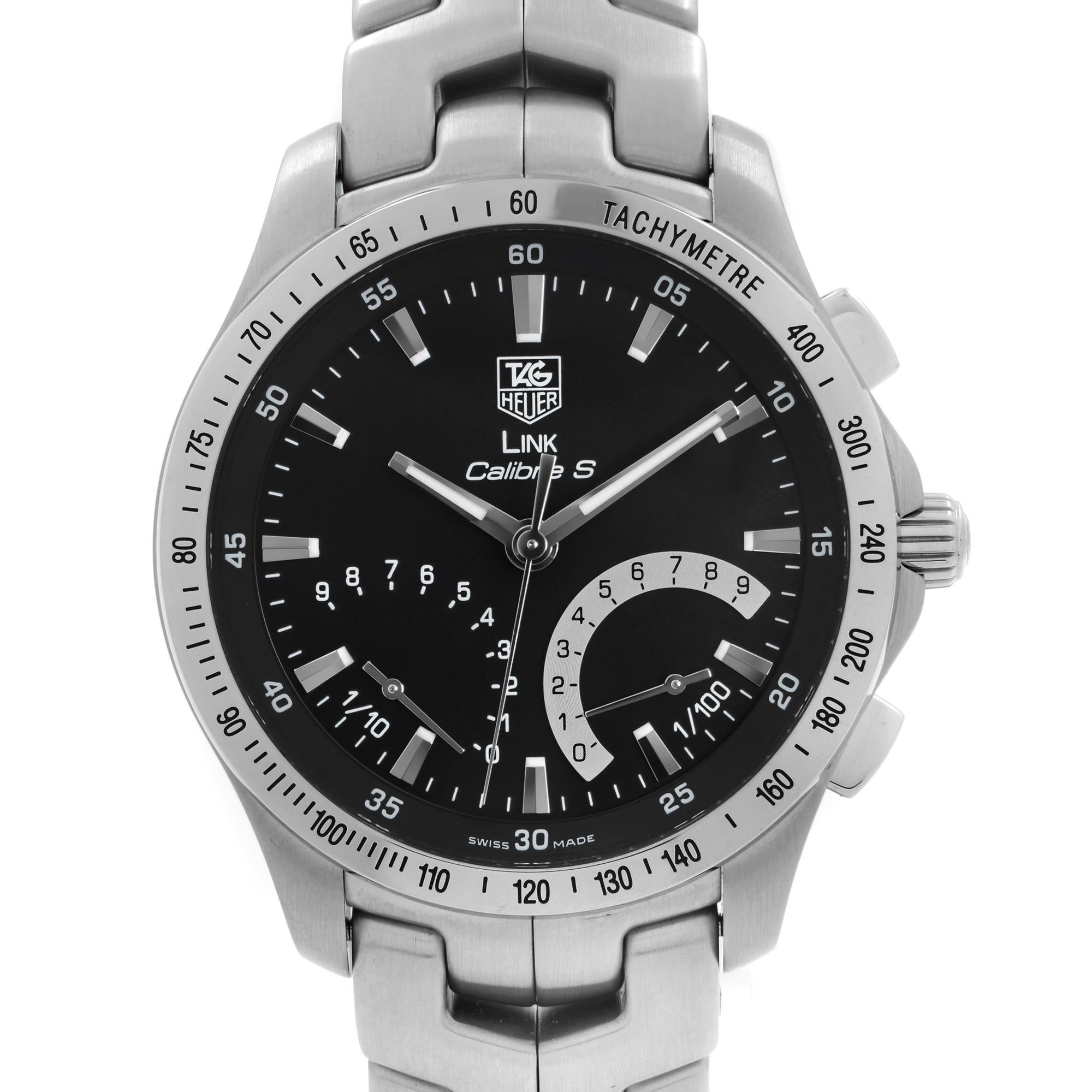 Display Model TAG Heuer Link Calibre S Black Dial Steel Mens Quartz Watch CJF7110.BA0592. This Beautiful Timepiece is Powered by Quartz (Battery) Movement And Features: Round Stainless Steel Case and Bracelet, Fixed Stainless Steel Bezel Showing