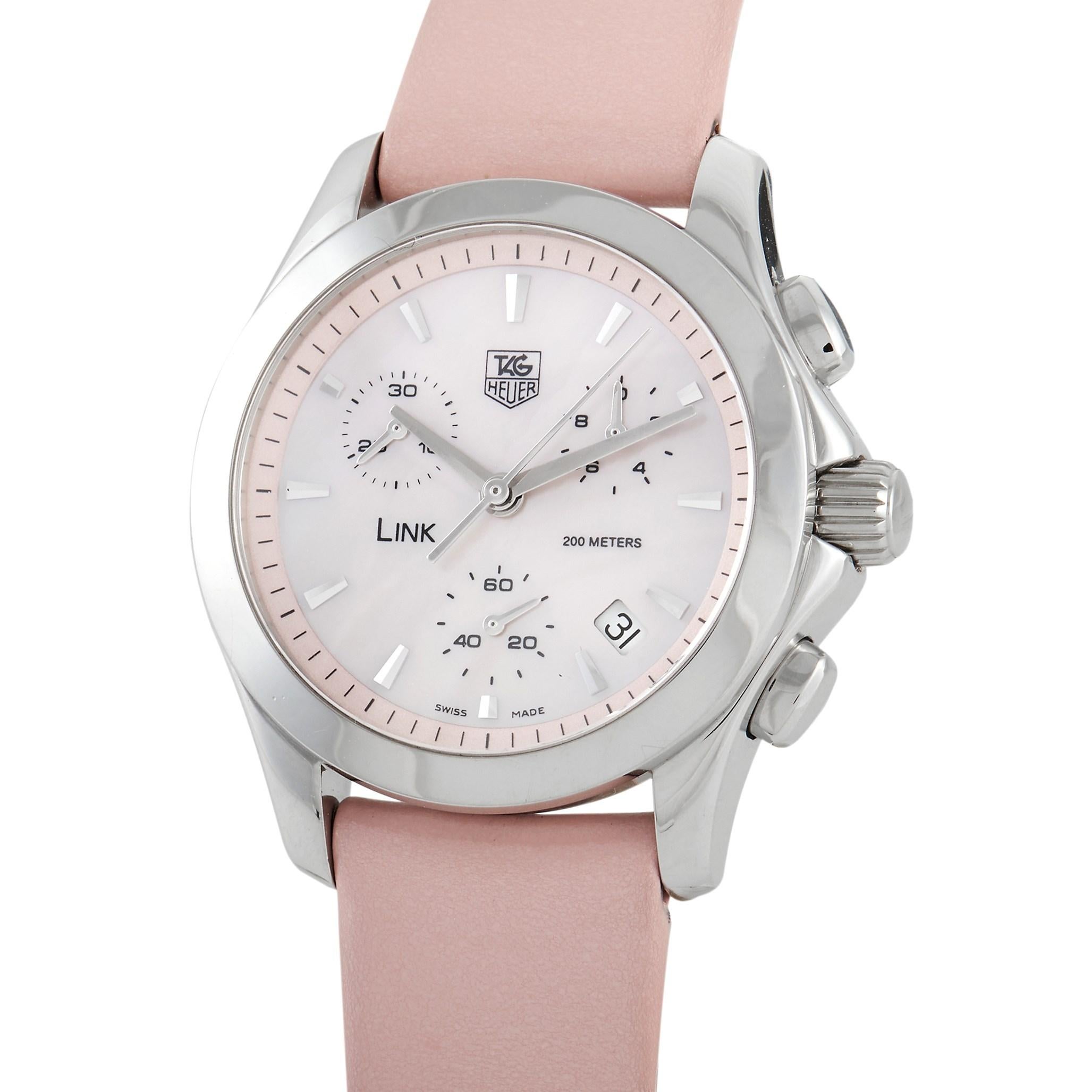 The blushing beauty of Tag Heuer Link Chronograph Pink Ladies Watch CJF1311 will attract eyes. Designed to look casual yet refined, this timepiece features a 33mm round stainless steel case paired with a pink Mother of Pearl dial. Three subdials are