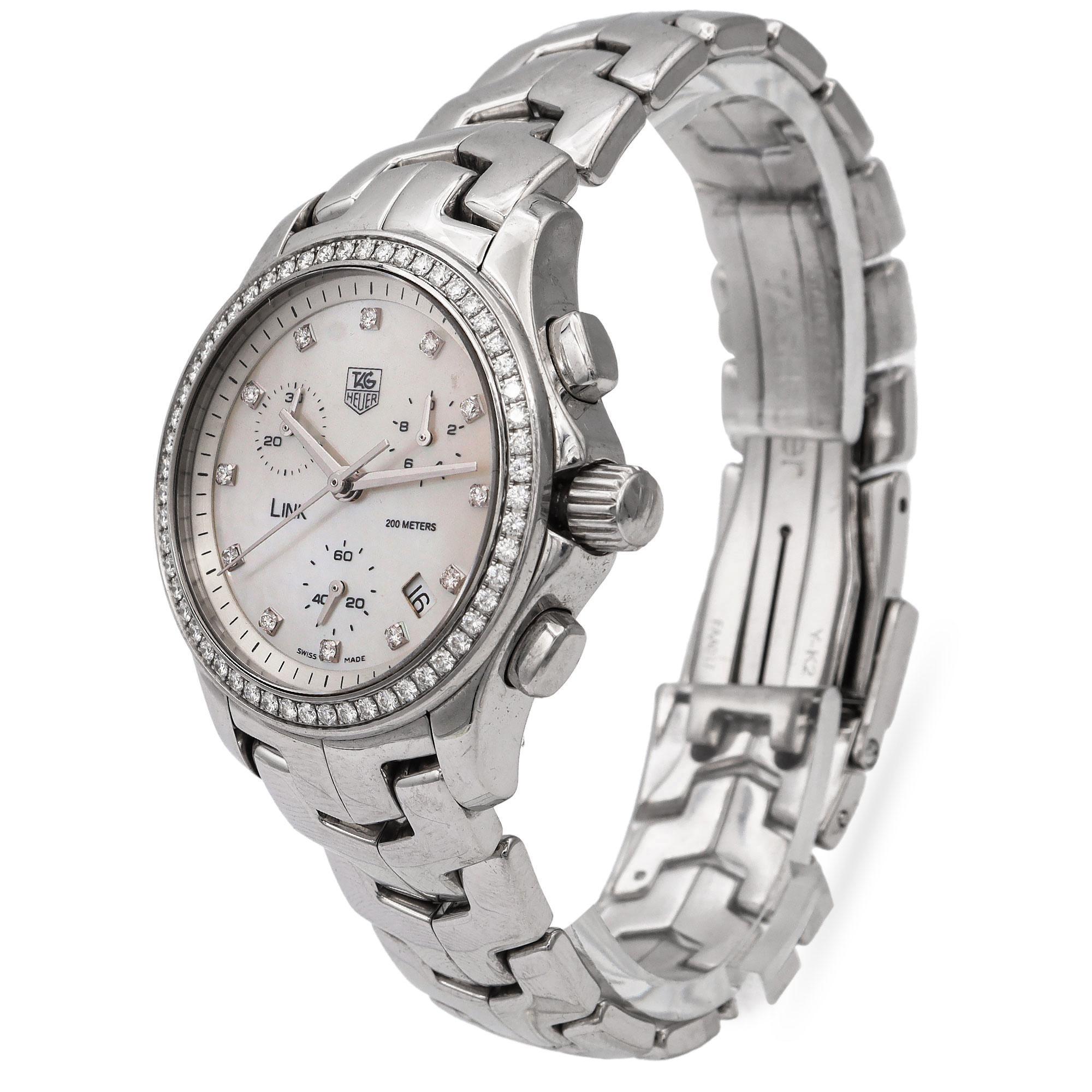 Round Cut Tag Heuer Link Diamond Accent Mother of Pearl Dial Chrono Women's Quartz Watch