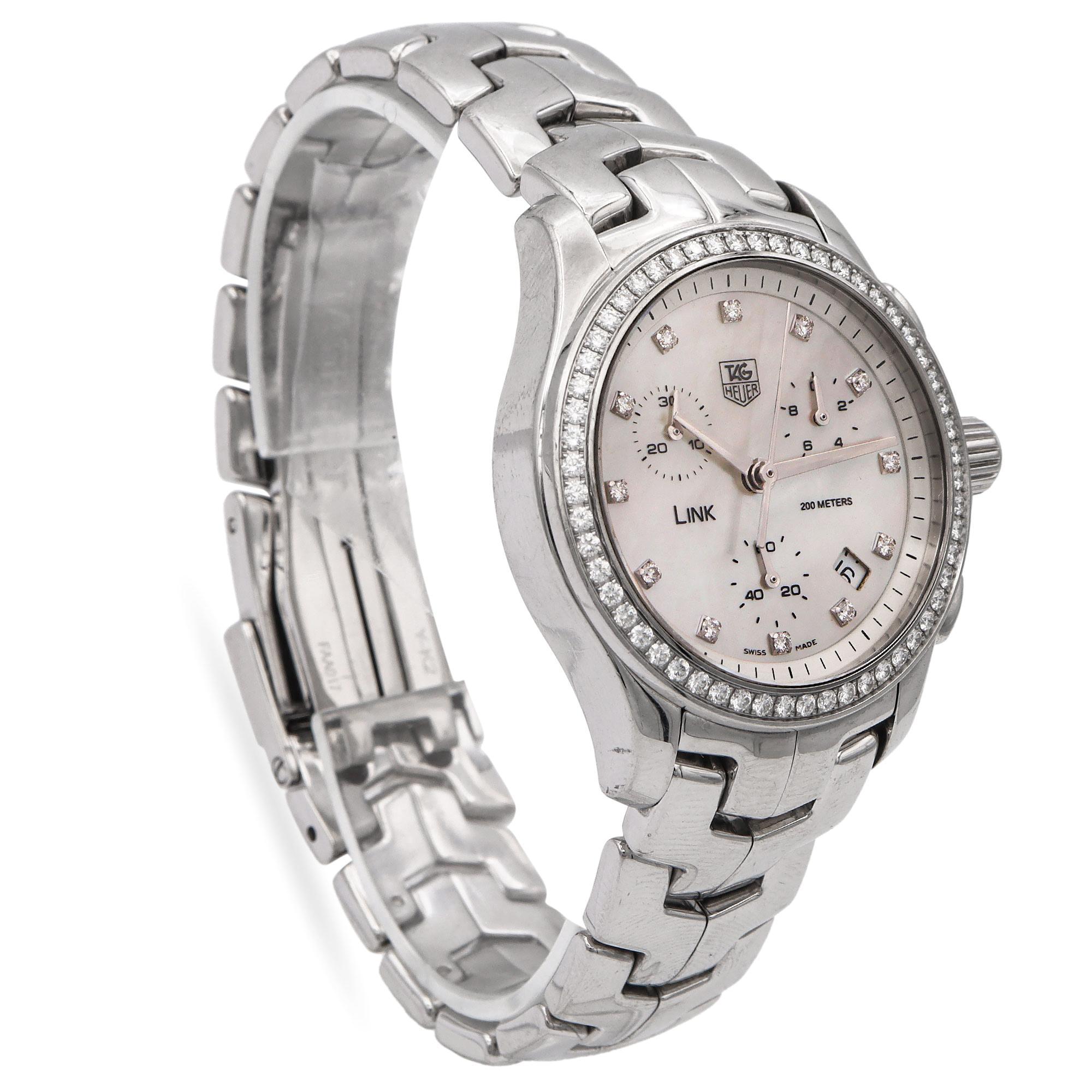 Tag Heuer Link Diamond Accent Mother of Pearl Dial Chrono Women's Quartz Watch In Good Condition In New York, NY