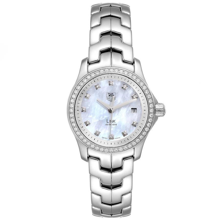 TAG Heuer Link MOP Diamond Dial Bezel Steel Ladies Watch WJF1319. Quartz movement. Stainless steel case 27.0 mm in diameter. Original Tag factory diamond bezel. Scratch resistant sapphire crystal. Mother of pearl dial with diamond hour markers. Date